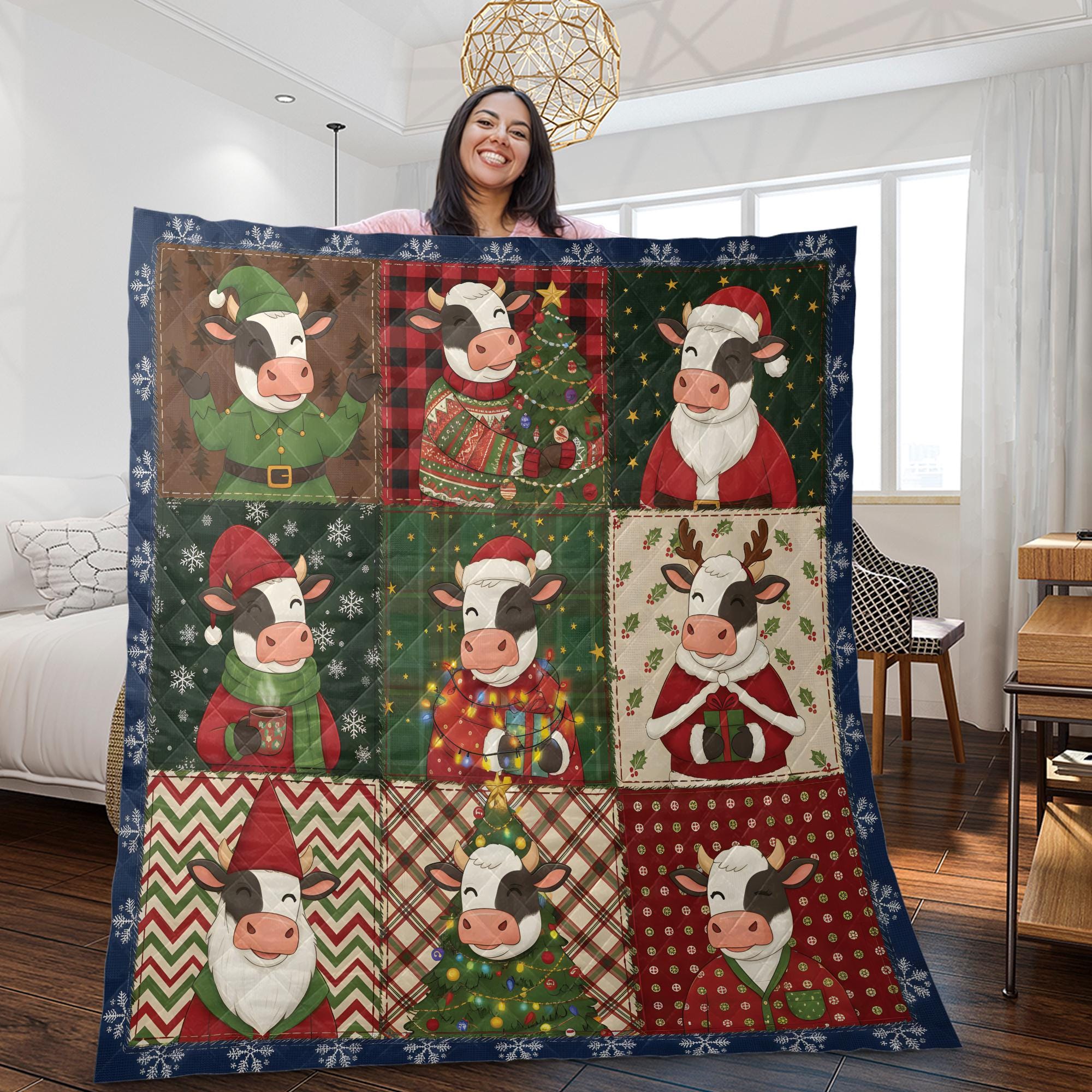 Christmas Cow Quilt Blanket, Farm Animal Patchwork Throw, Holiday Cattle Pattern