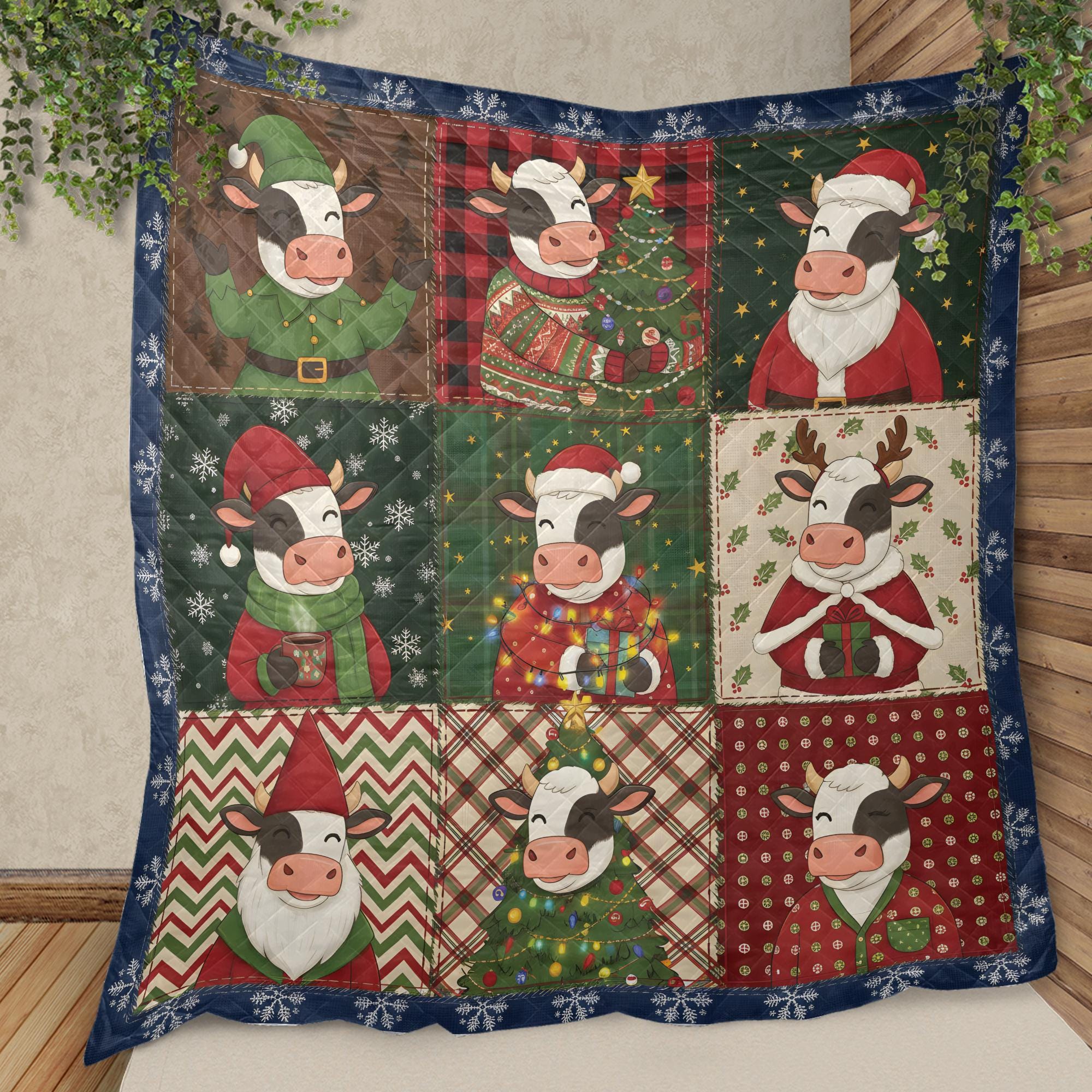 Christmas Cow Quilt Blanket, Farm Animal Patchwork Throw, Holiday Cattle Pattern