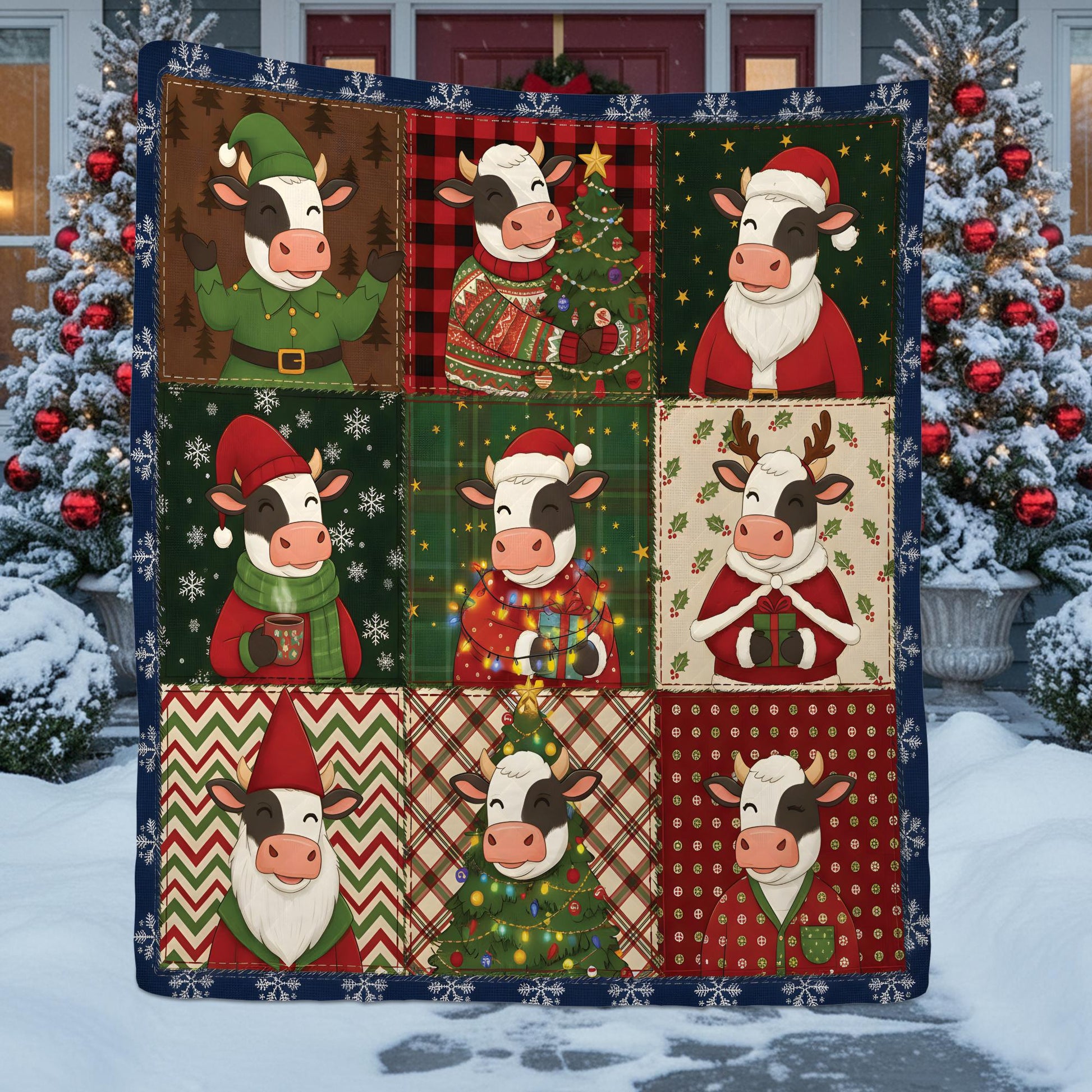 Christmas Cow Quilt Blanket, Farm Animal Patchwork Throw, Holiday Cattle Pattern