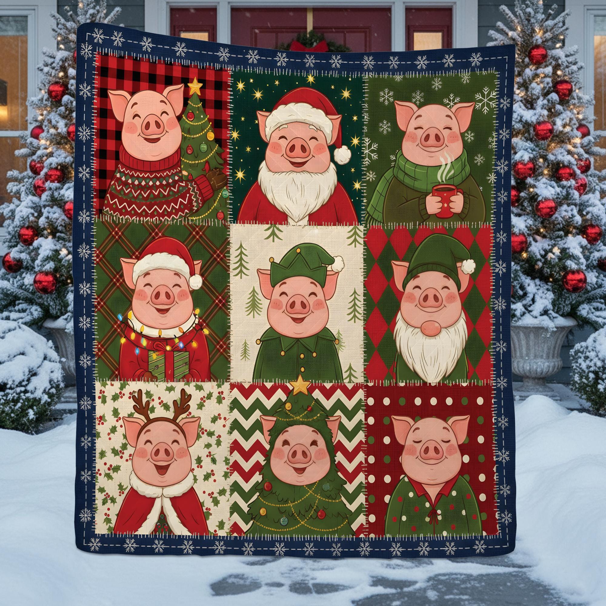 Christmas Pig Quilt Blanket, Farm Animal Patchwork Throw, Winter Bedding Decor