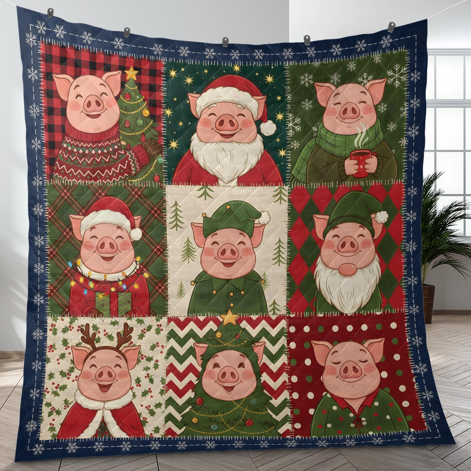 Christmas Pig Quilt Blanket, Farm Animal Patchwork Throw, Winter Bedding Decor