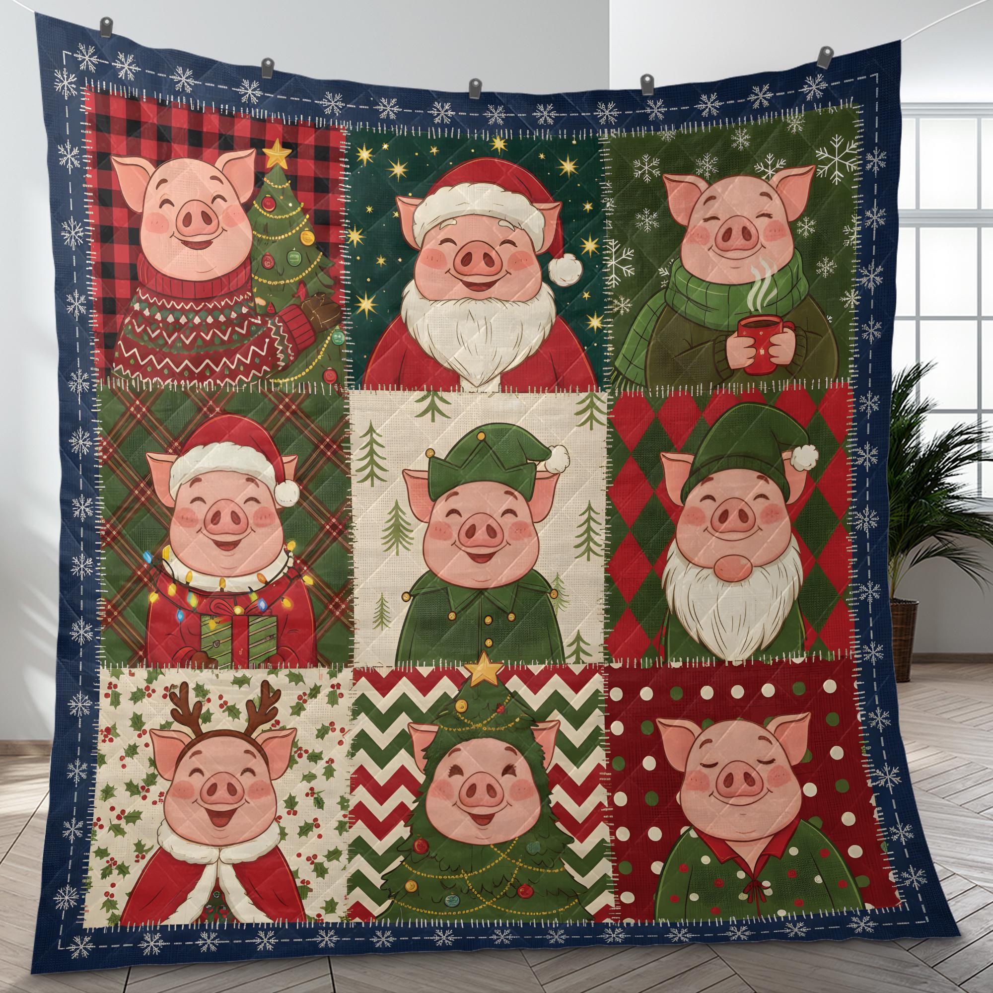Christmas Pig Quilt Blanket, Farm Animal Patchwork Throw, Winter Bedding Decor