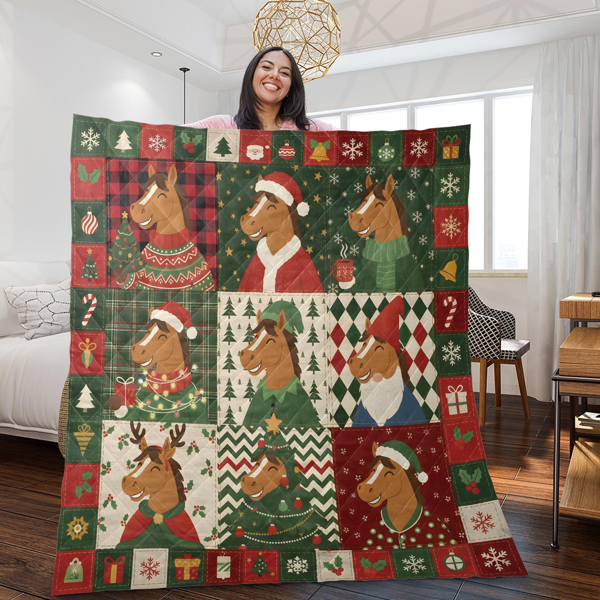 Christmas Horse Quilt Blanket, Farm Animal Patchwork Throw, Winter Bedding Decor