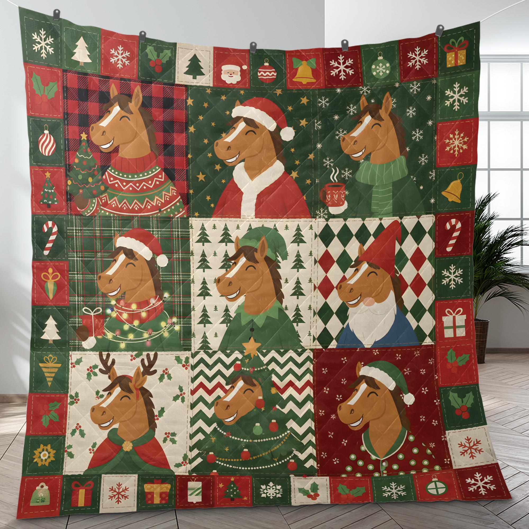 Christmas Horse Quilt Blanket, Farm Animal Patchwork Throw, Winter Bedding Decor