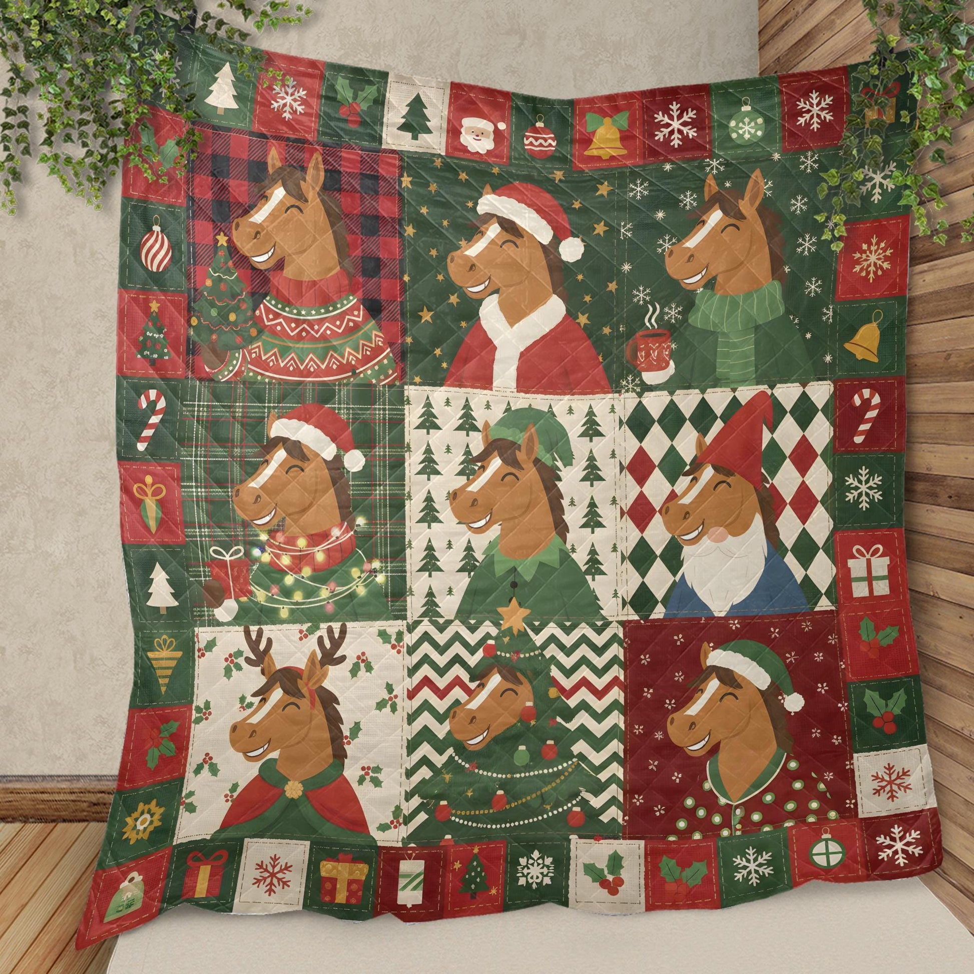Christmas Horse Quilt Blanket, Farm Animal Patchwork Throw, Winter Bedding Decor