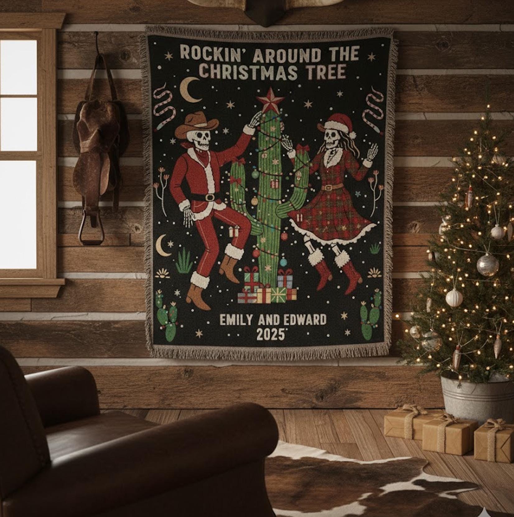 Western Skeleton Couple Weave Woven Blanket: Cozy Christmas 2025 Decor