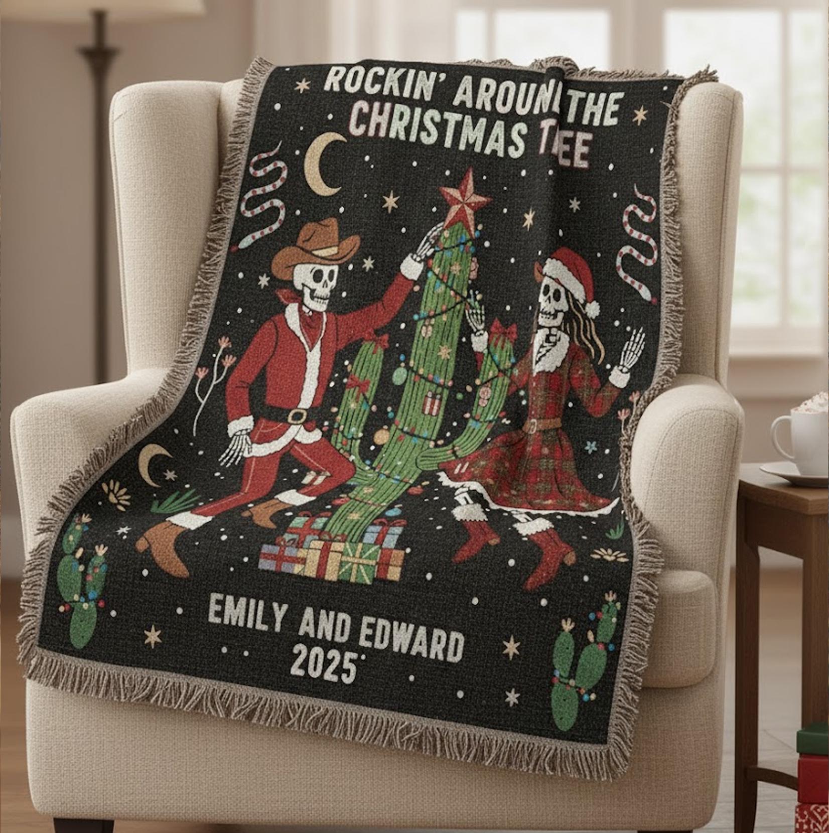 Western Skeleton Couple Weave Woven Blanket: Cozy Christmas 2025 Decor