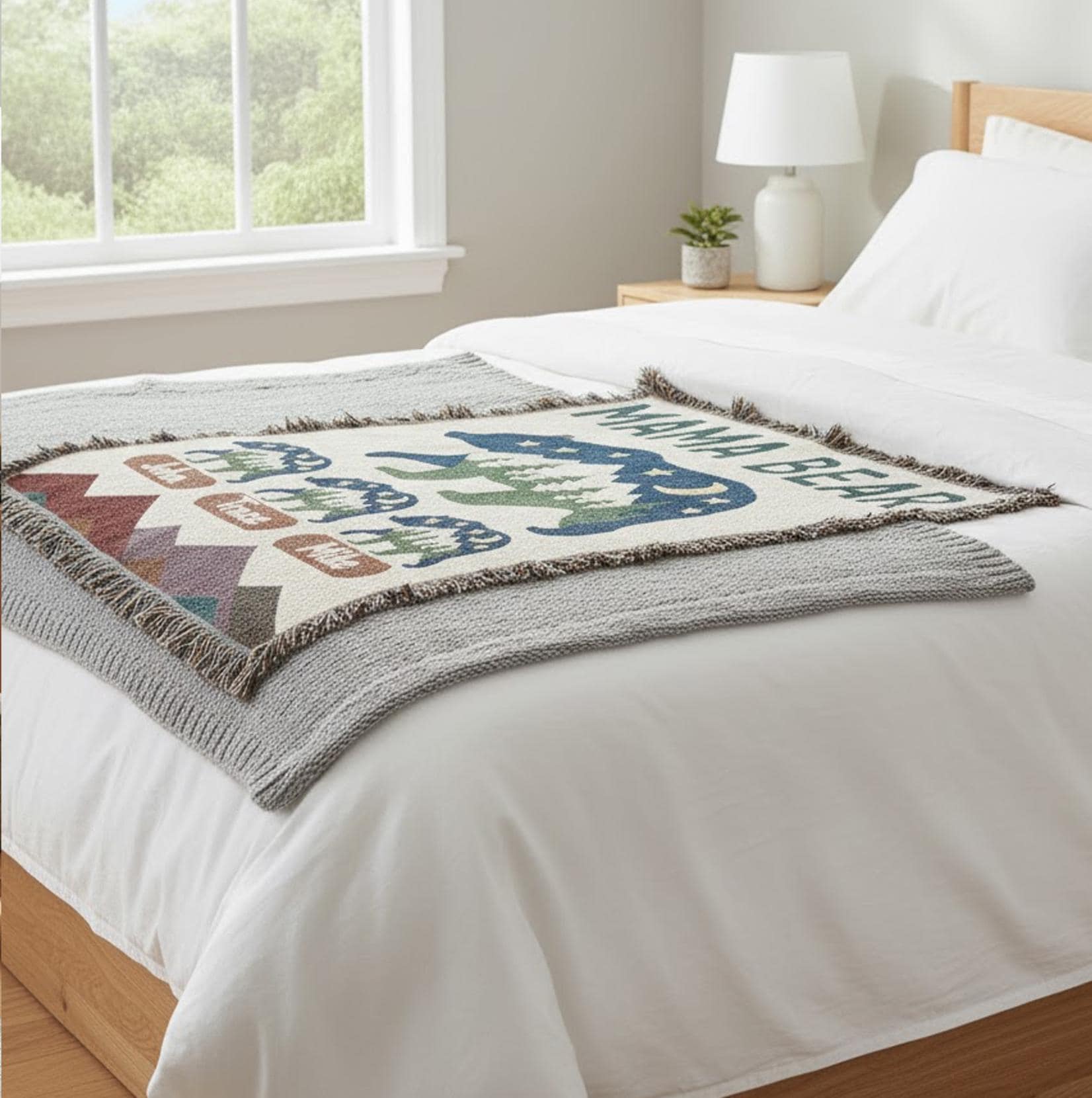 Personalized Weave Woven Blanket: Wild Mom Bear Design Family Names Rustic Nature Scene