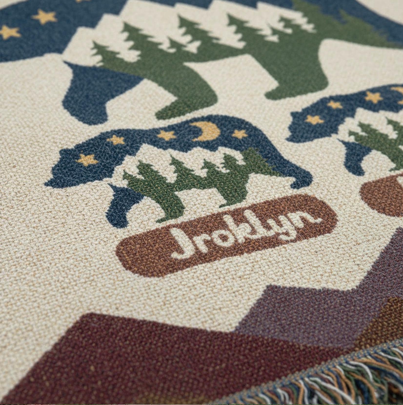 Personalized Weave Woven Blanket: Wild Mom Bear Design Family Names Rustic Nature Scene