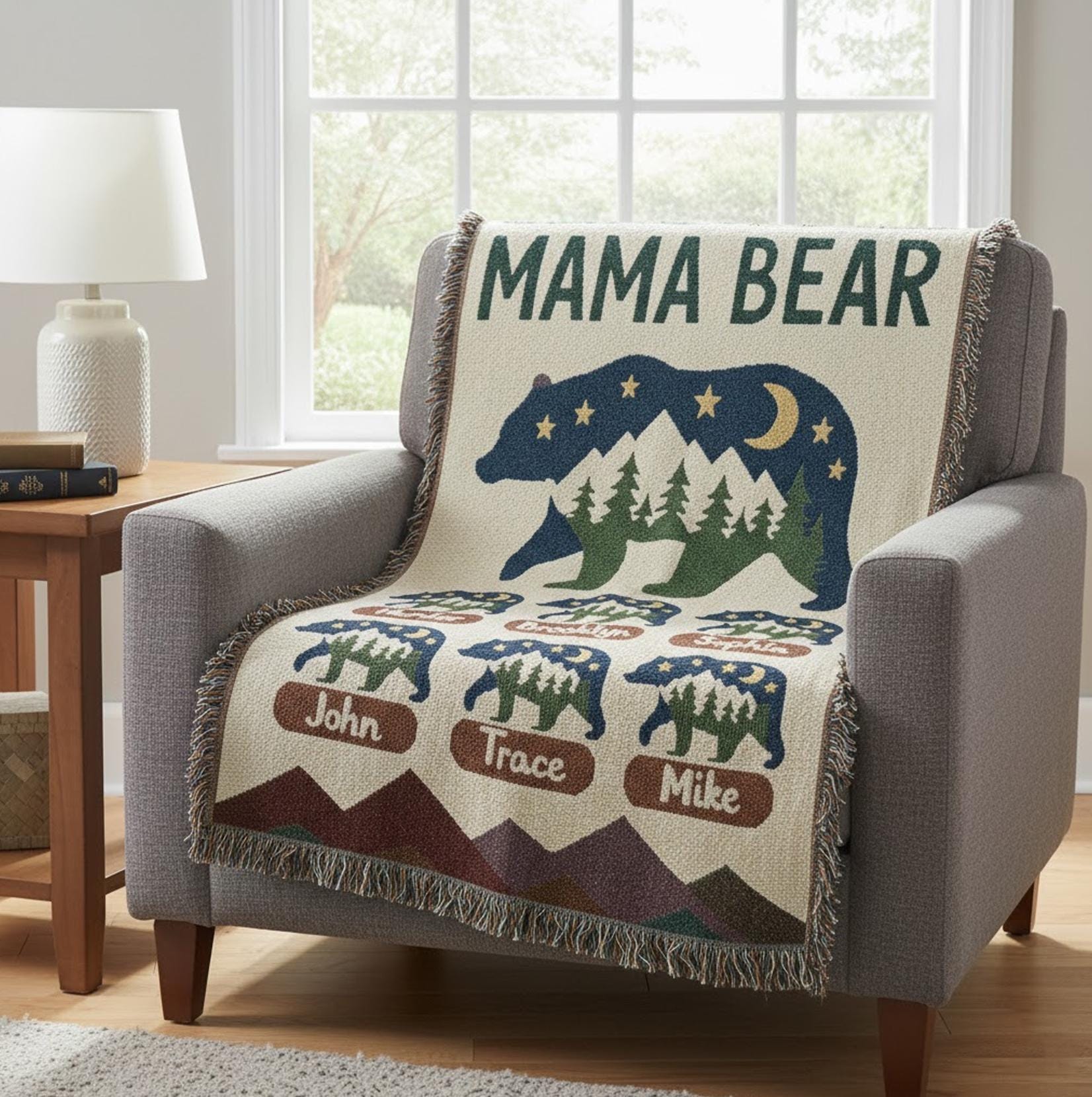 Personalized Weave Woven Blanket: Wild Mom Bear Design Family Names Rustic Nature Scene