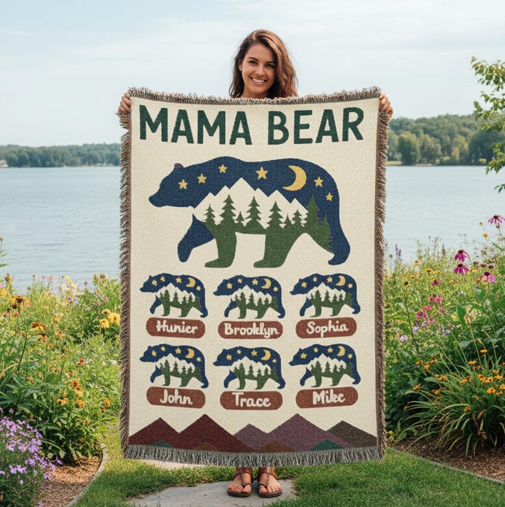 Personalized Weave Woven Blanket: Wild Mom Bear Design Family Names Rustic Nature Scene