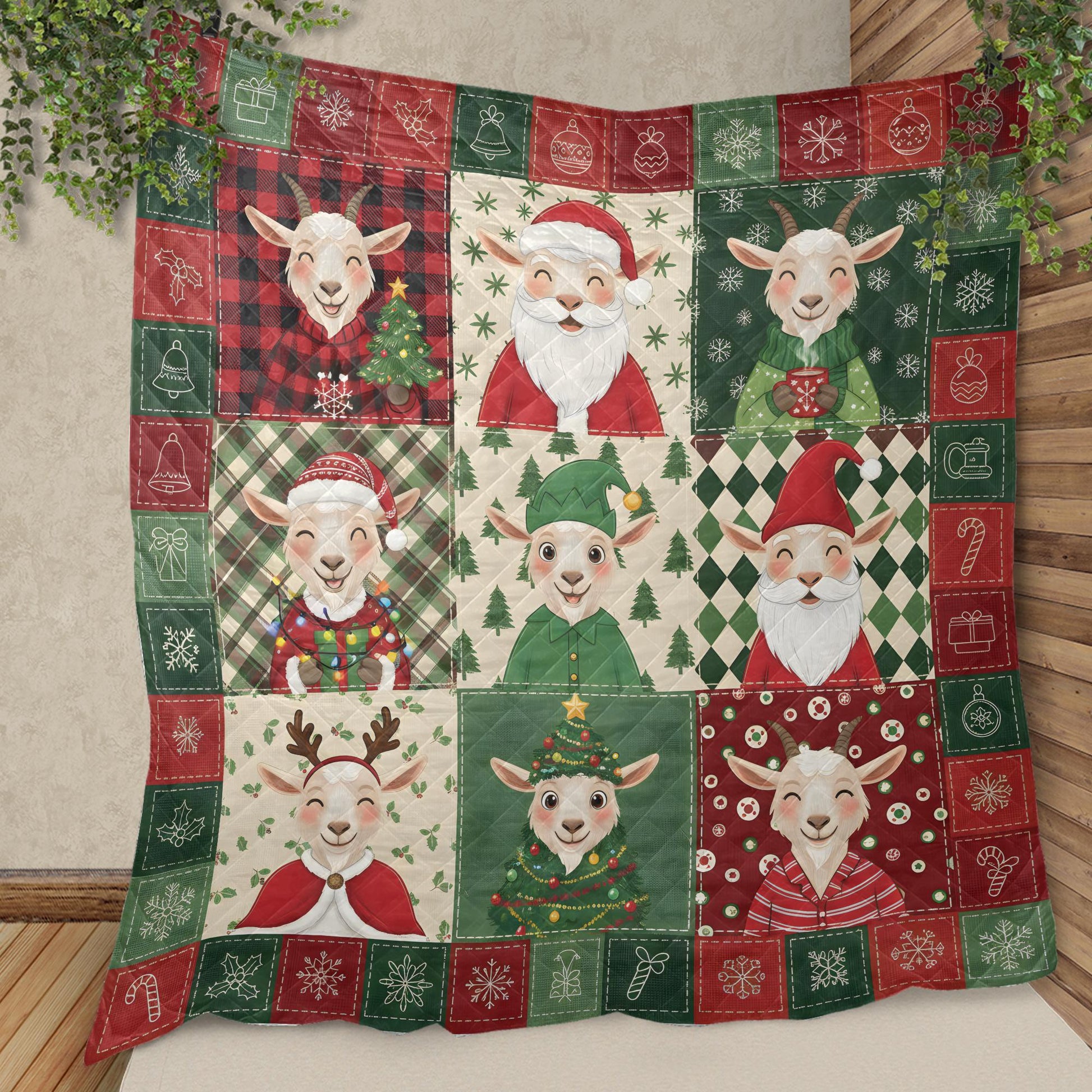 Christmas Goat Quilt Blanket, Farm Animal Patchwork Throw, Winter Bedding Decor