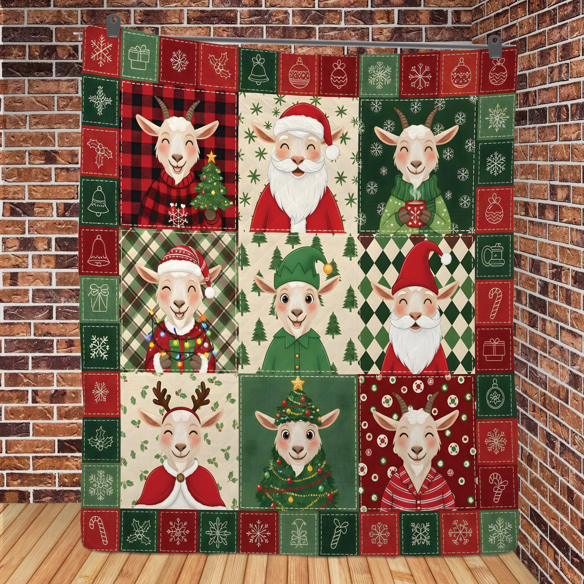 Christmas Goat Quilt Blanket, Farm Animal Patchwork Throw, Winter Bedding Decor
