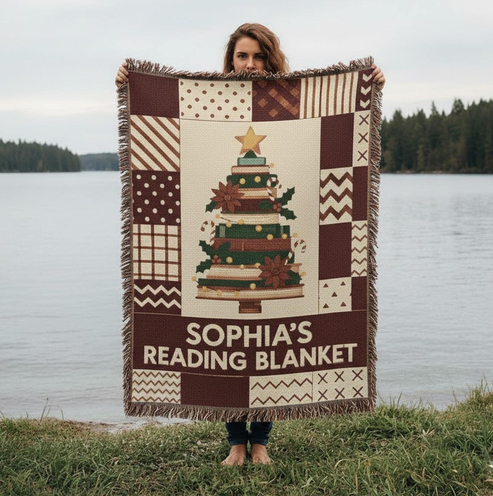 Personalized Weave Woven Blanket Book Tree Design: Holiday Patchwork Reading Cozy Blanket