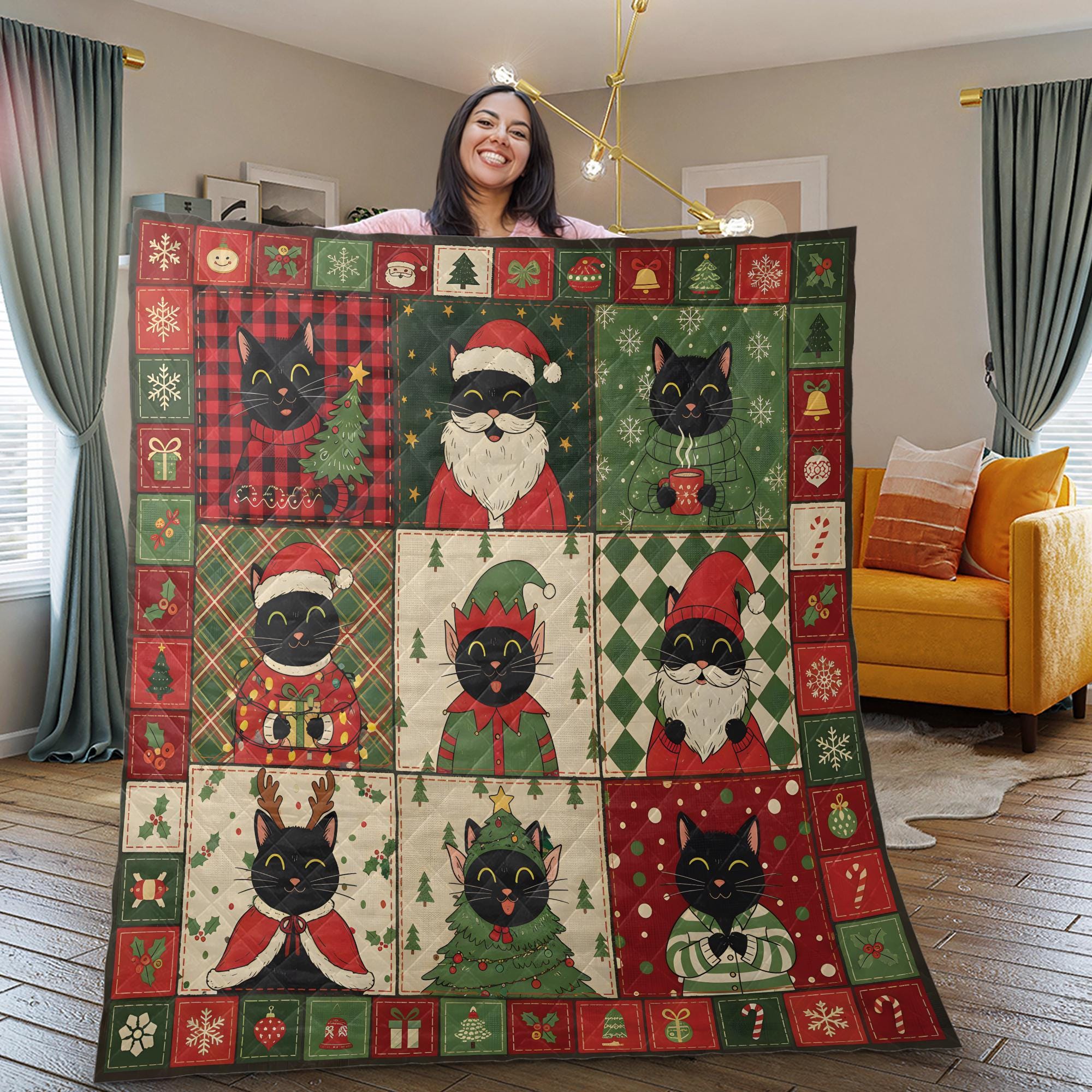 Black Cat Christmas Quilt Blanket, Patchwork Cat Throw, Winter Bedding Decor