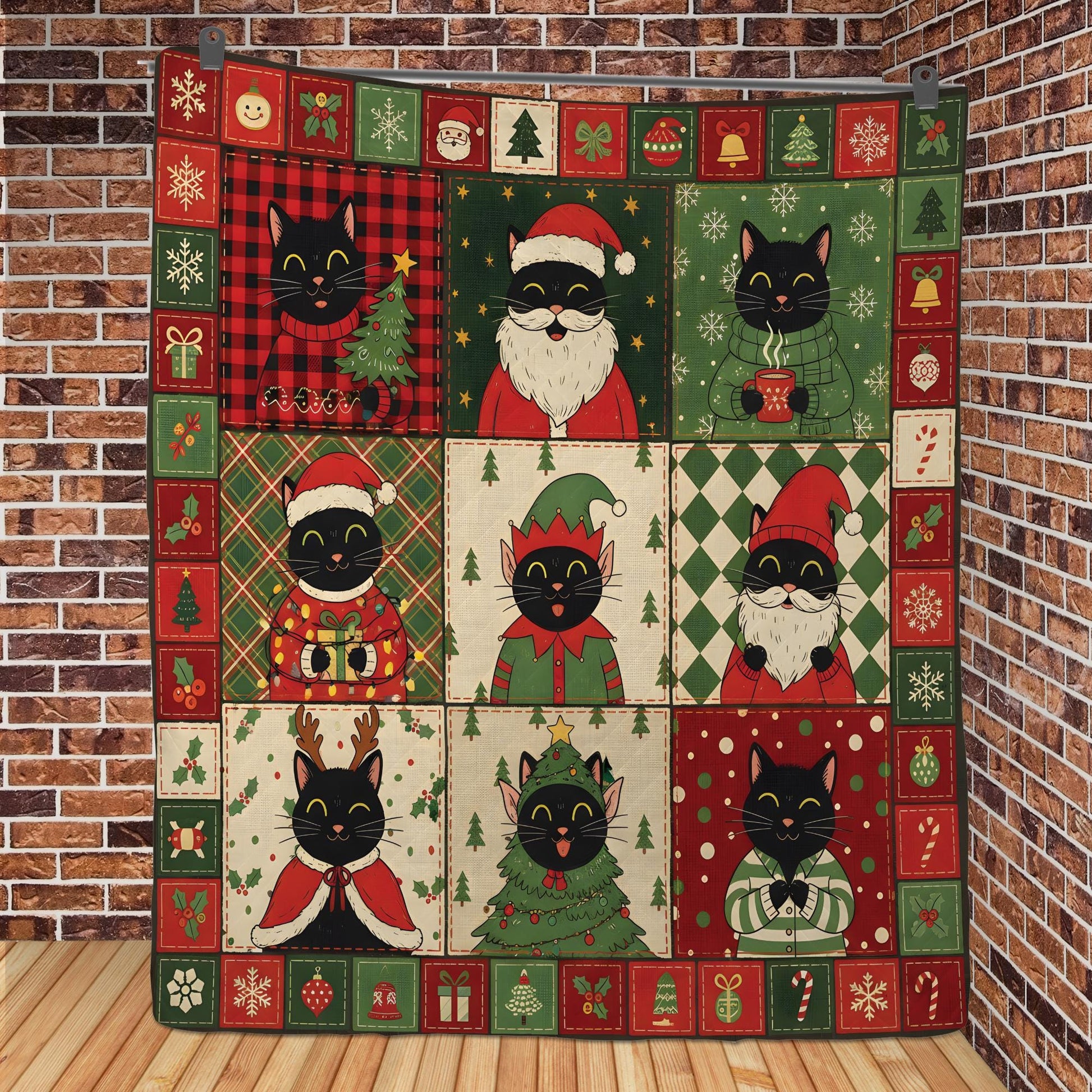 Black Cat Christmas Quilt Blanket, Patchwork Cat Throw, Winter Bedding Decor