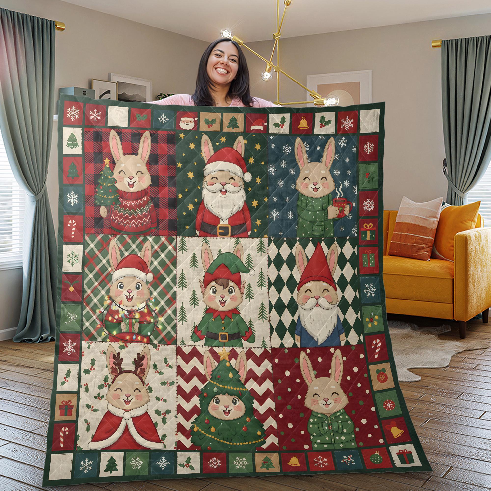 Rabbit Christmas Quilt Blanket, Patchwork Bunny Throw, Winter Bedding Decor
