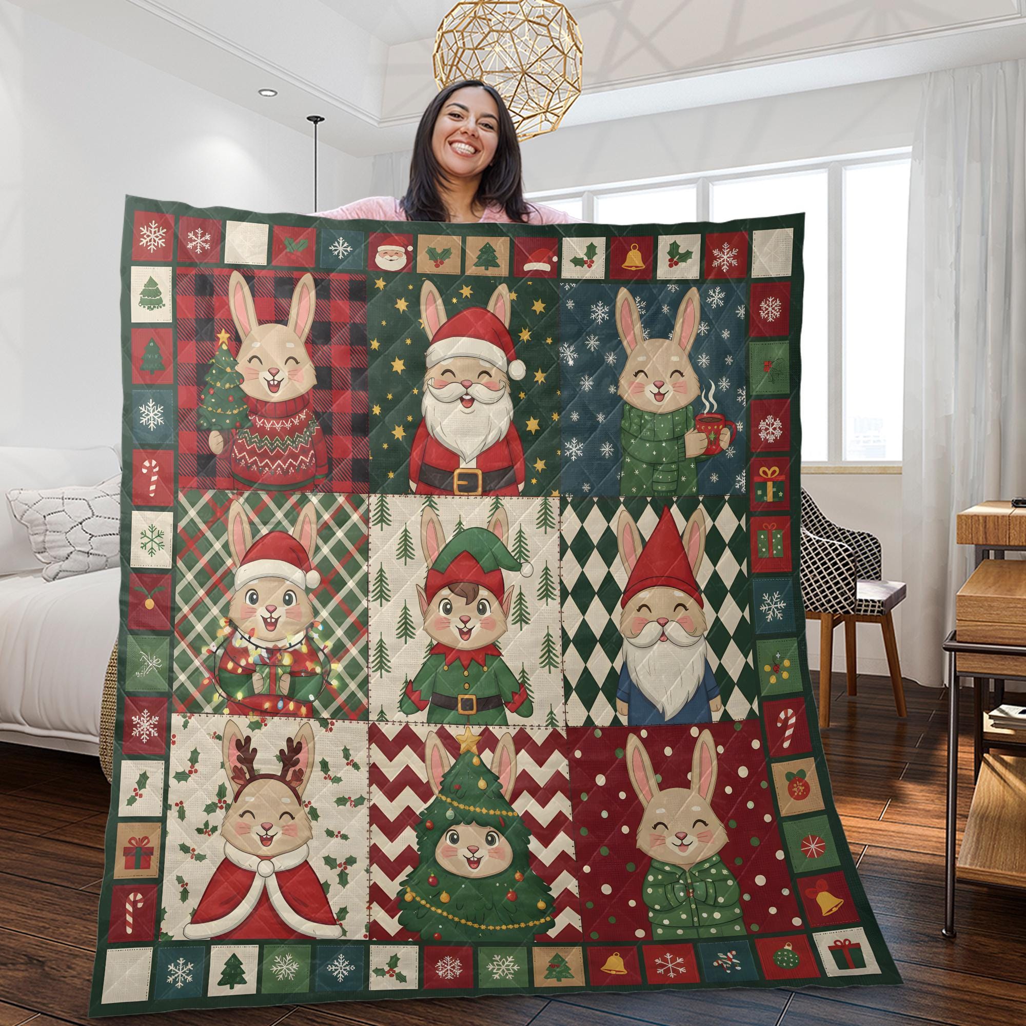 Rabbit Christmas Quilt Blanket, Patchwork Bunny Throw, Winter Bedding Decor