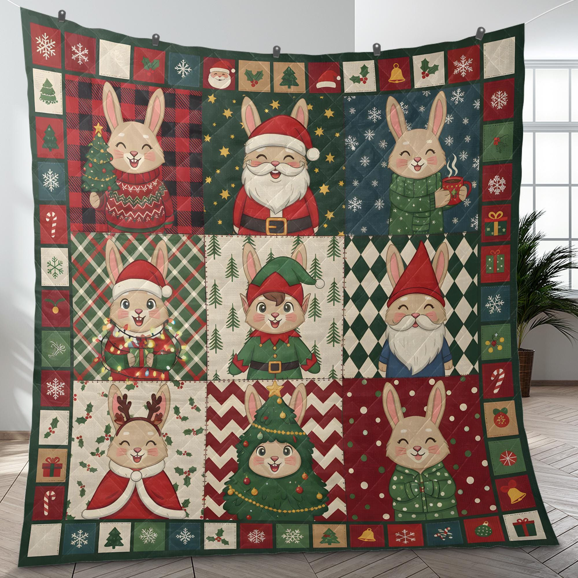 Rabbit Christmas Quilt Blanket, Patchwork Bunny Throw, Winter Bedding Decor