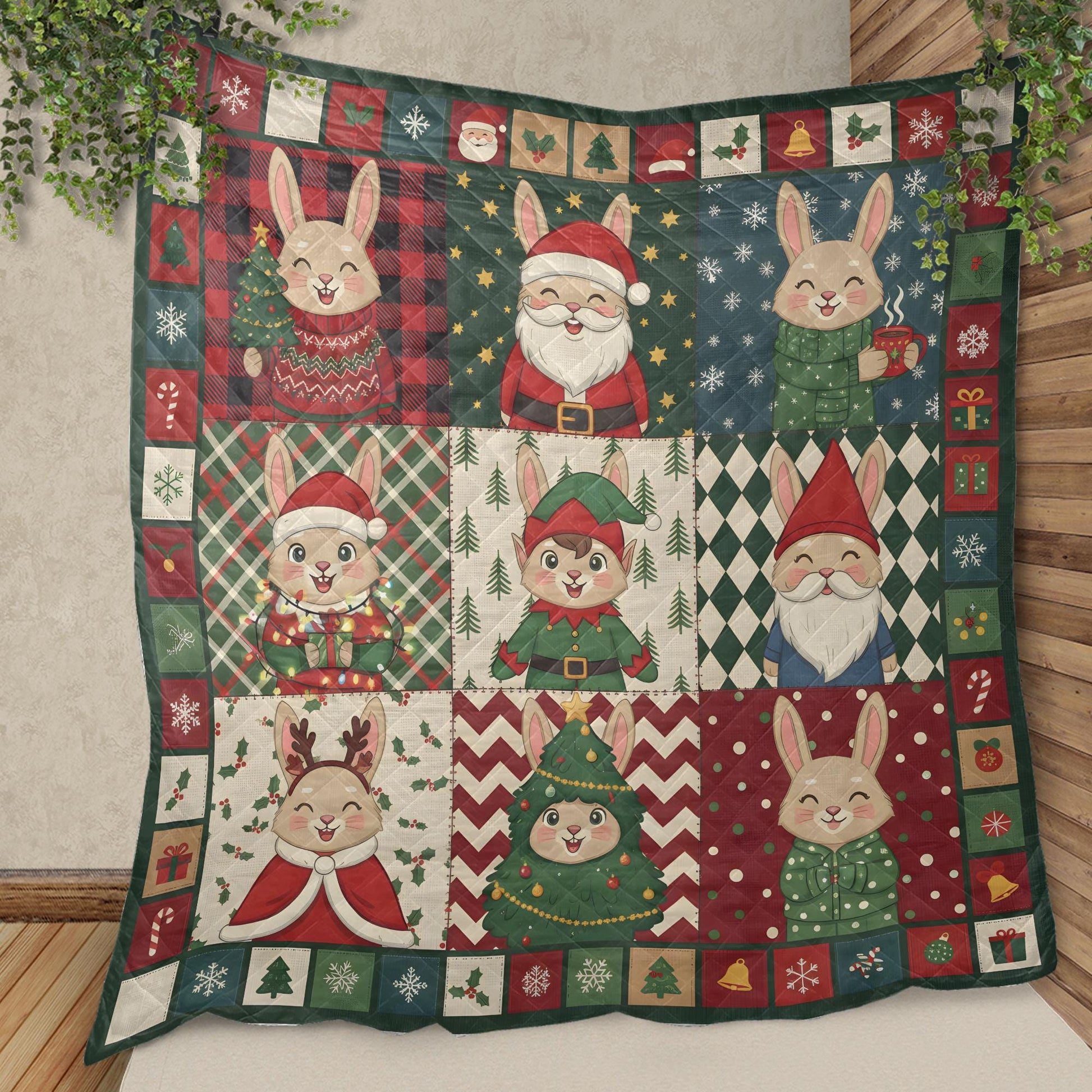 Rabbit Christmas Quilt Blanket, Patchwork Bunny Throw, Winter Bedding Decor