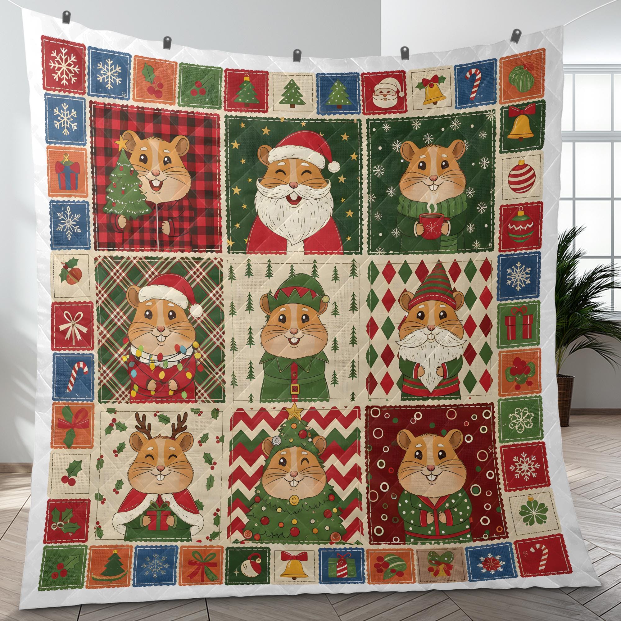 Hamster Christmas Quilt Blanket, Patchwork Animal Throw, Winter Bedding Decor