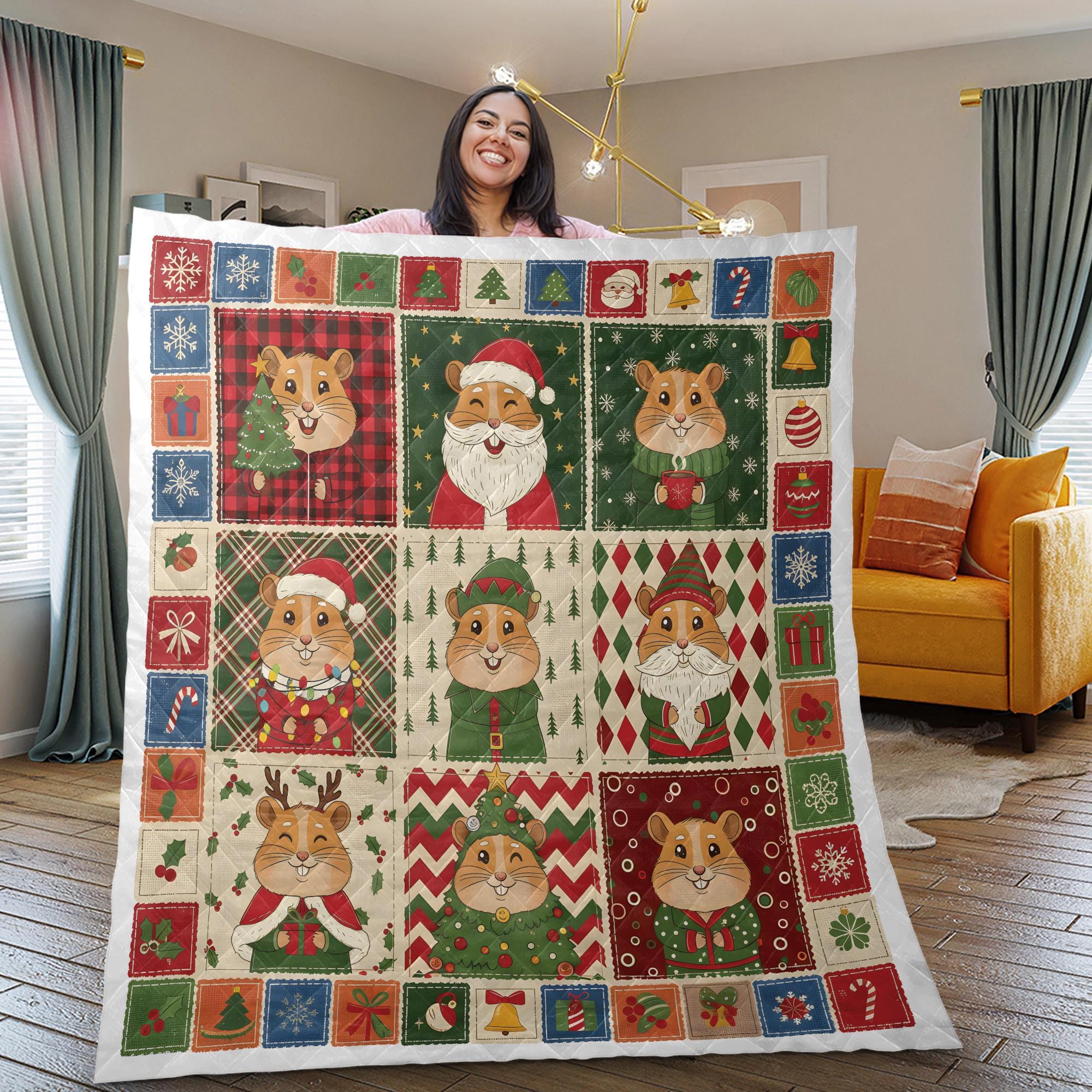 Hamster Christmas Quilt Blanket, Patchwork Animal Throw, Winter Bedding Decor