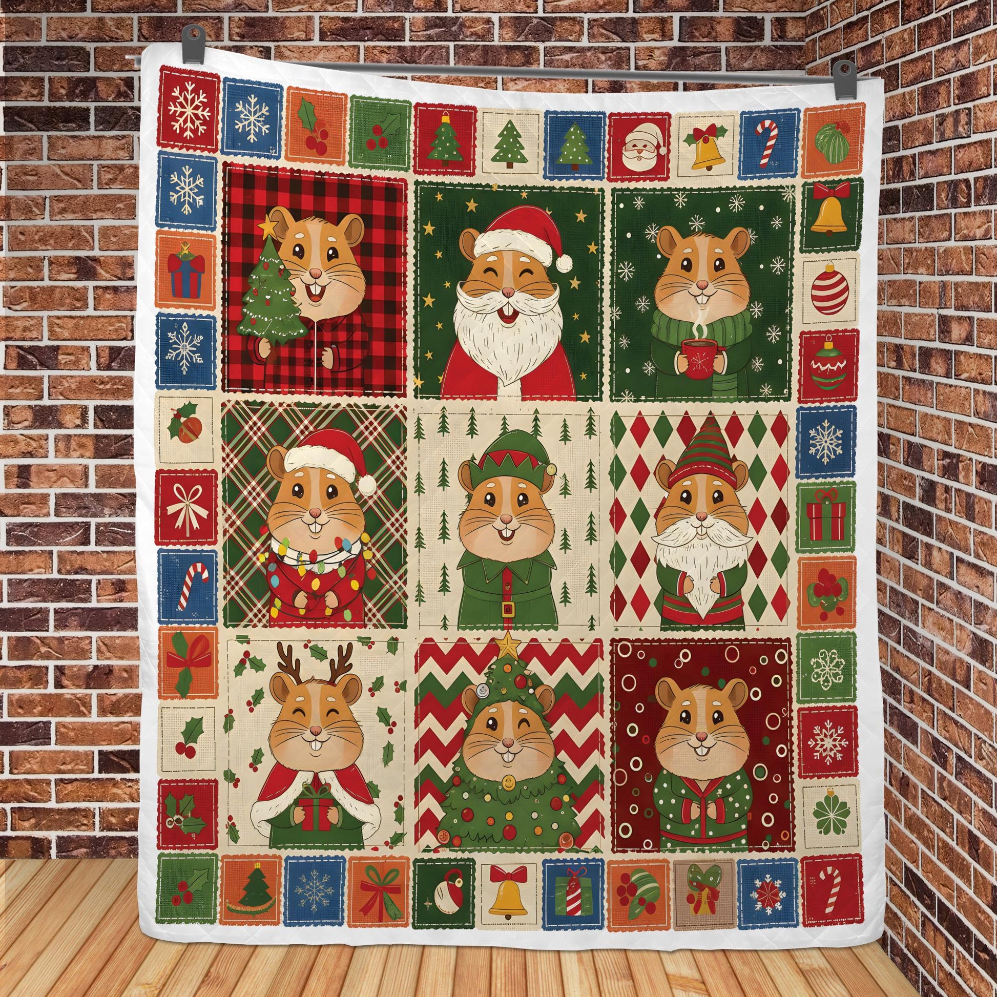 Hamster Christmas Quilt Blanket, Patchwork Animal Throw, Winter Bedding Decor
