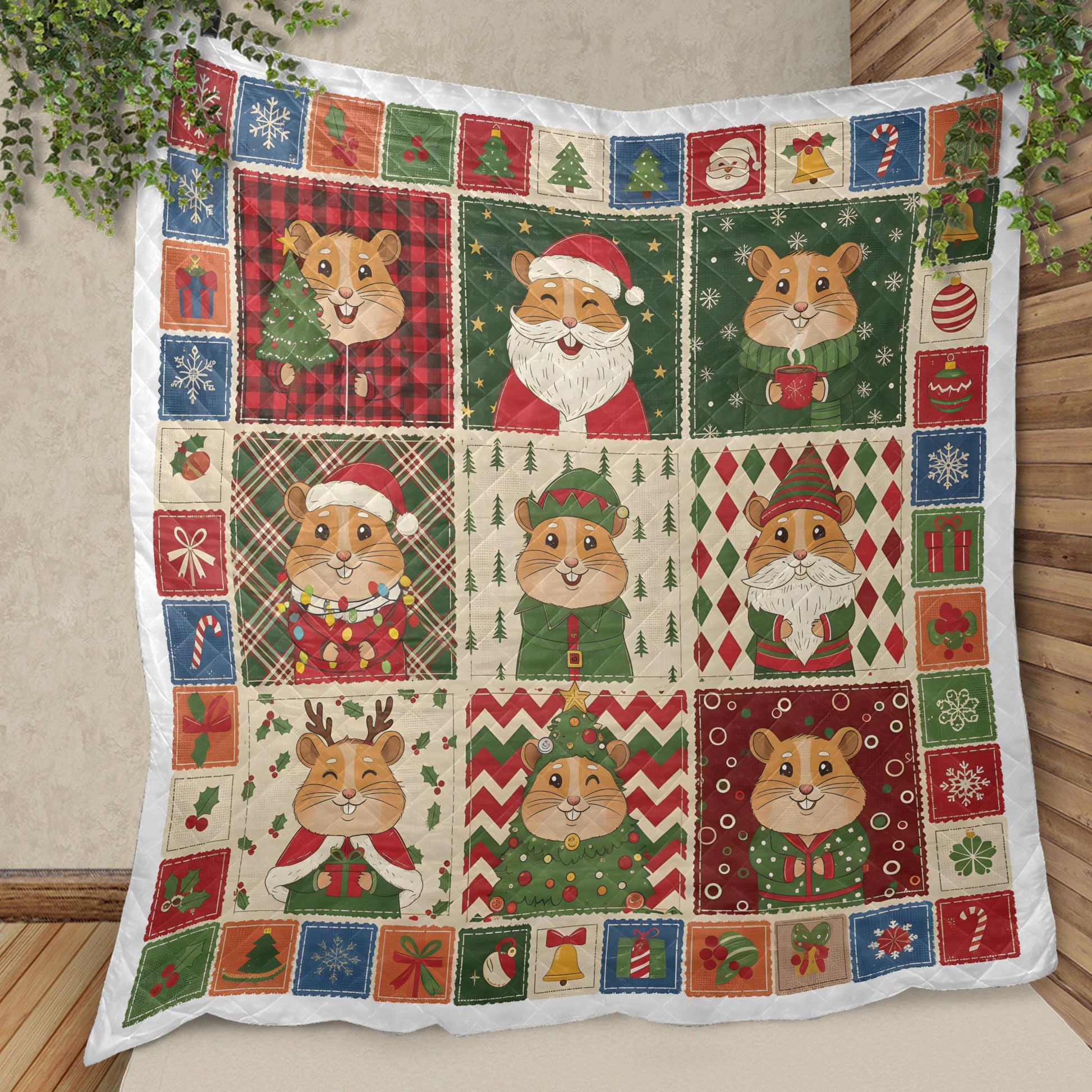 Hamster Christmas Quilt Blanket, Patchwork Animal Throw, Winter Bedding Decor