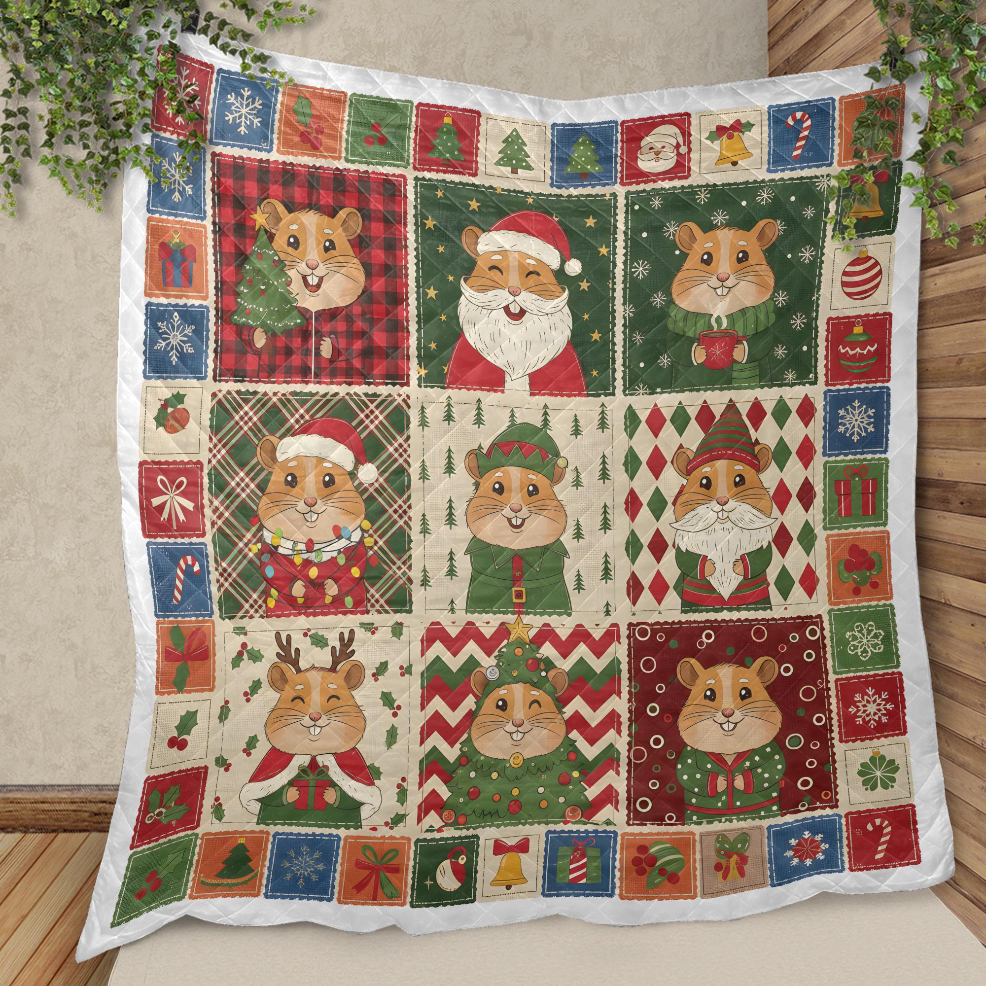 Hamster Christmas Quilt Blanket, Patchwork Animal Throw, Winter Bedding Decor