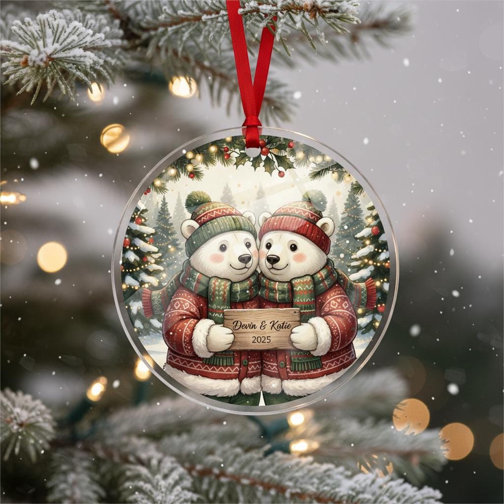 Personalized Christmas Ornament – Custom Names & Year – Holiday Bear Couple Design