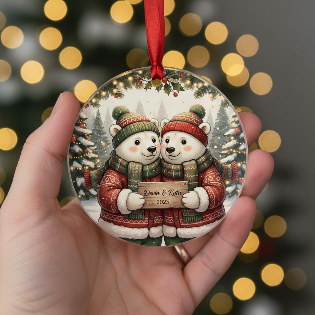 Personalized Christmas Ornament – Custom Names & Year – Holiday Bear Couple Design