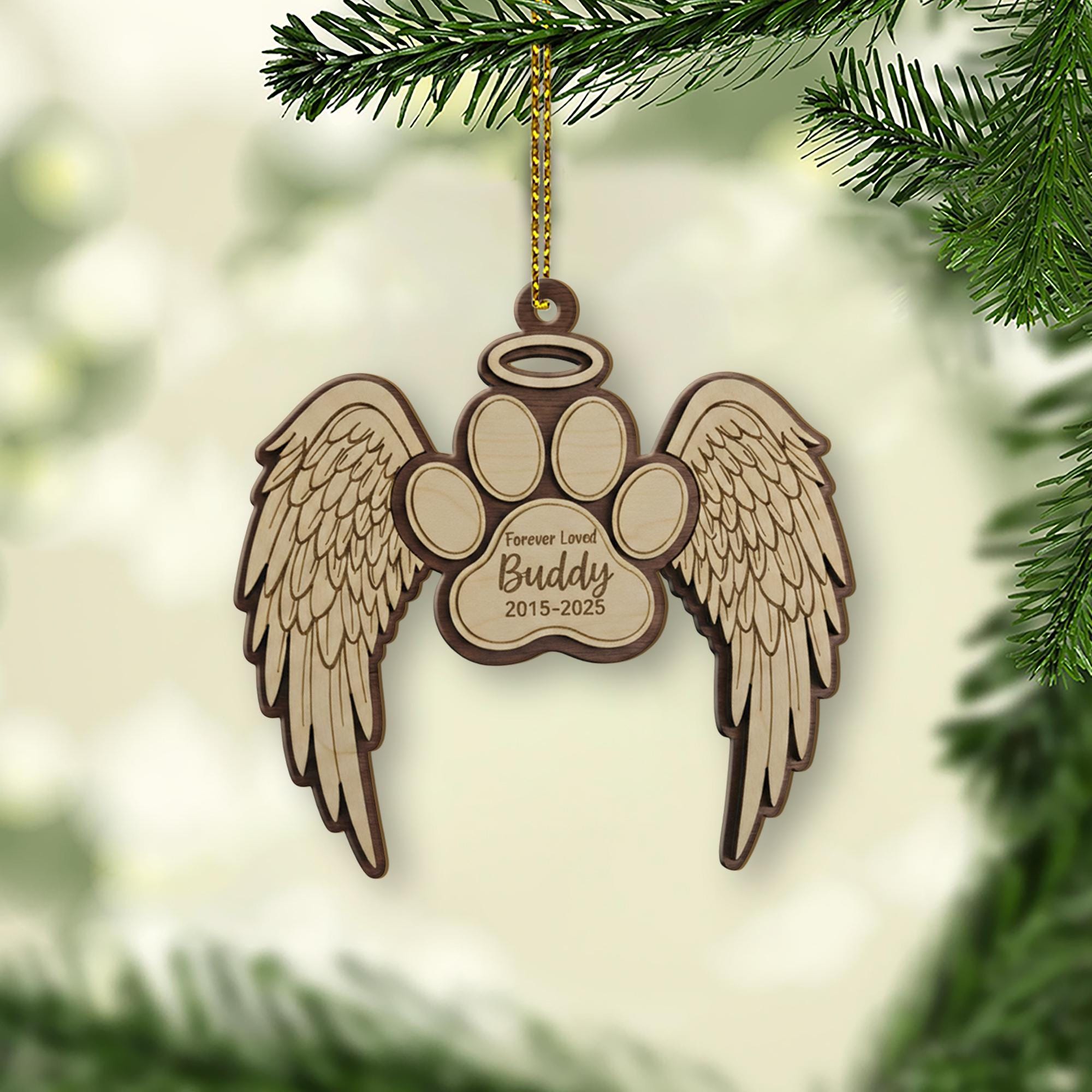 Personalized Pet Wooden Ornament – Paw Angel Wings – Name & Years