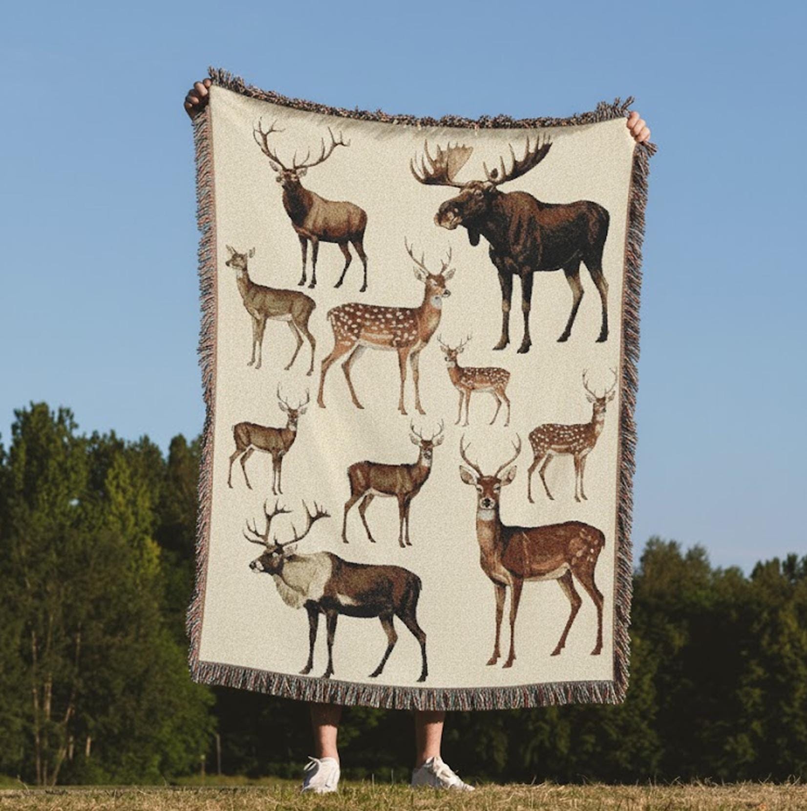 Woven Blanket with Deer Species: Moose, Elk, Whitetail, Rustic Wildlife Design