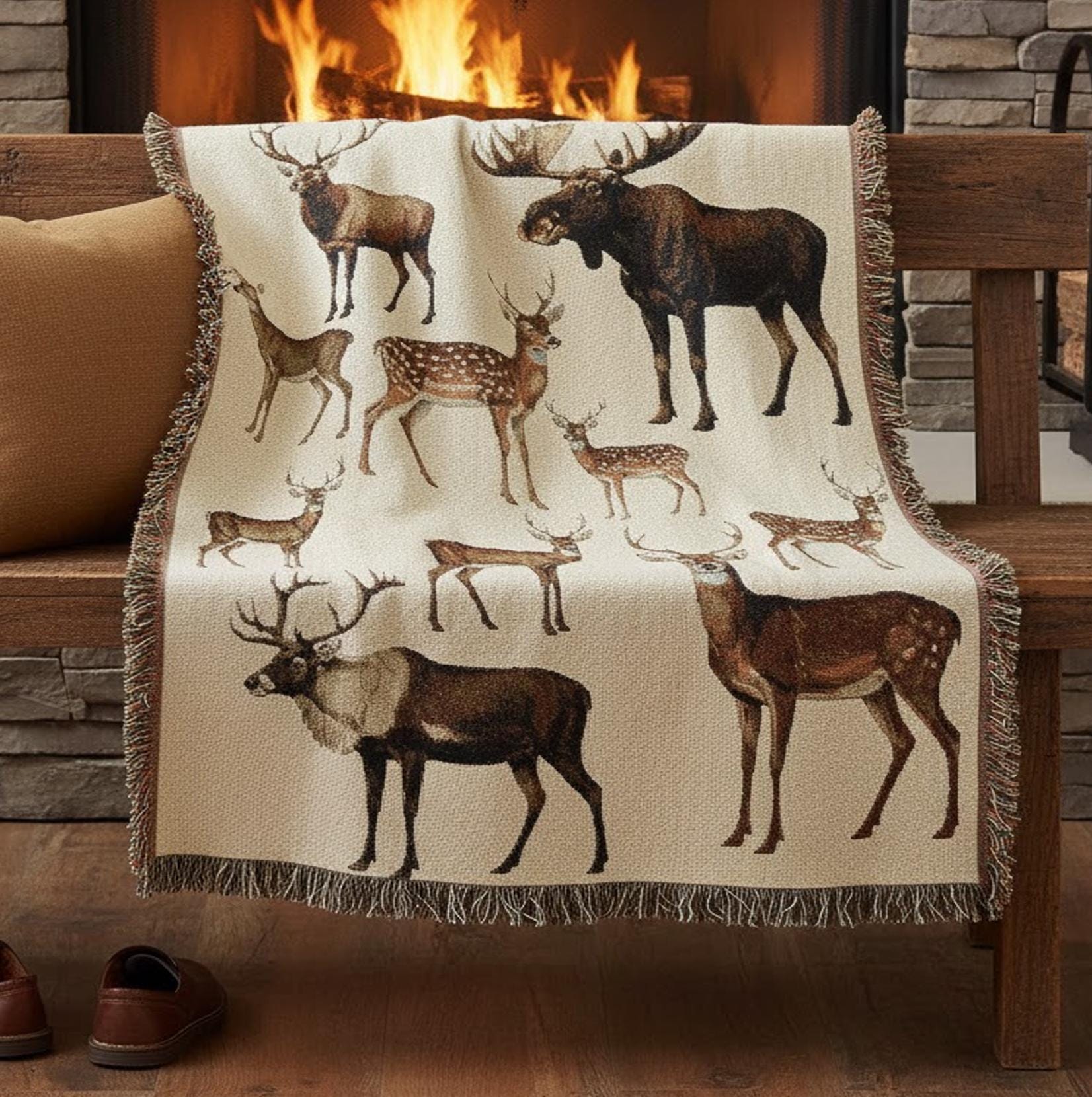 Woven Blanket with Deer Species: Moose, Elk, Whitetail, Rustic Wildlife Design