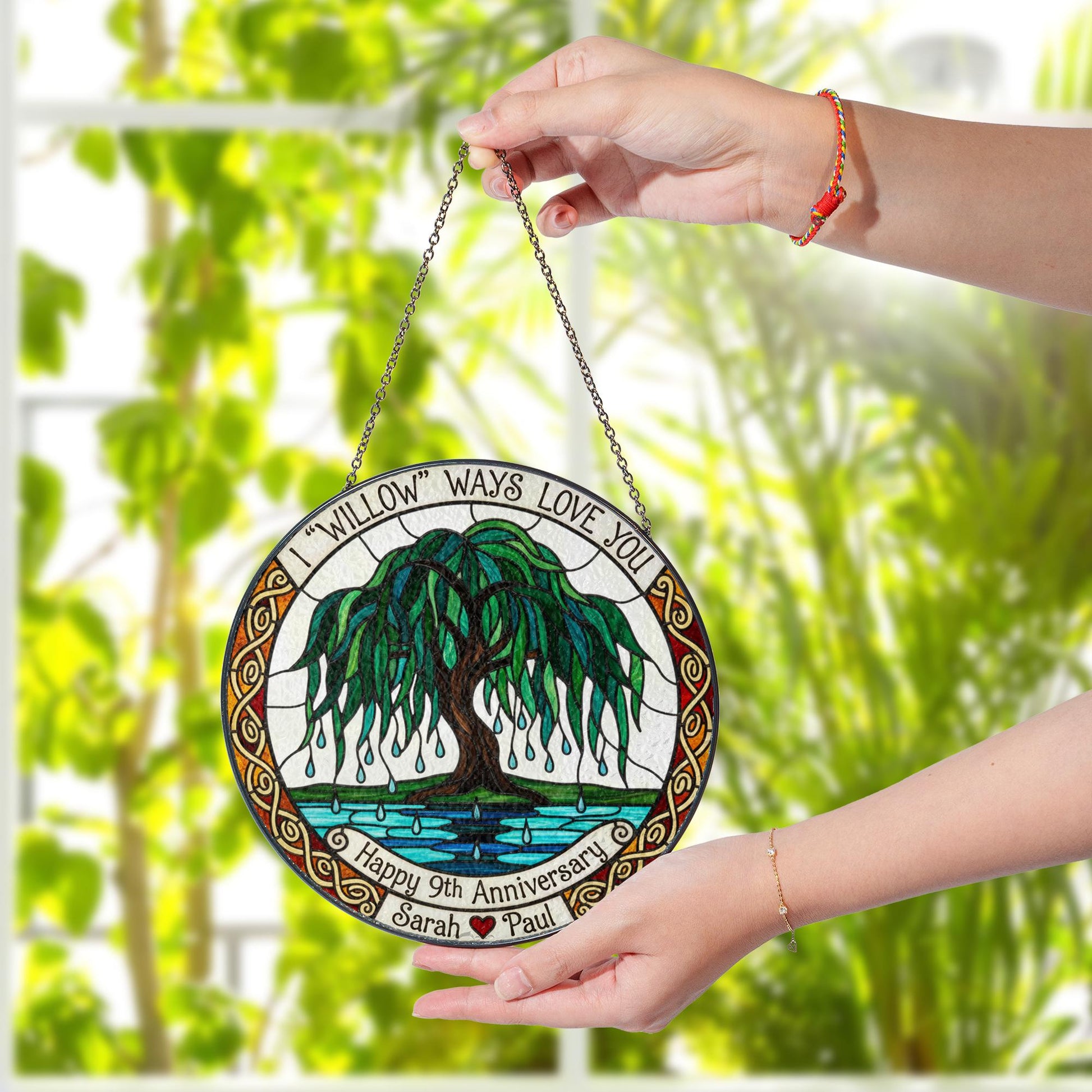 Personalized 9th Anniversary Willow Suncatcher • Custom Willow Tree Window Hanging Gift