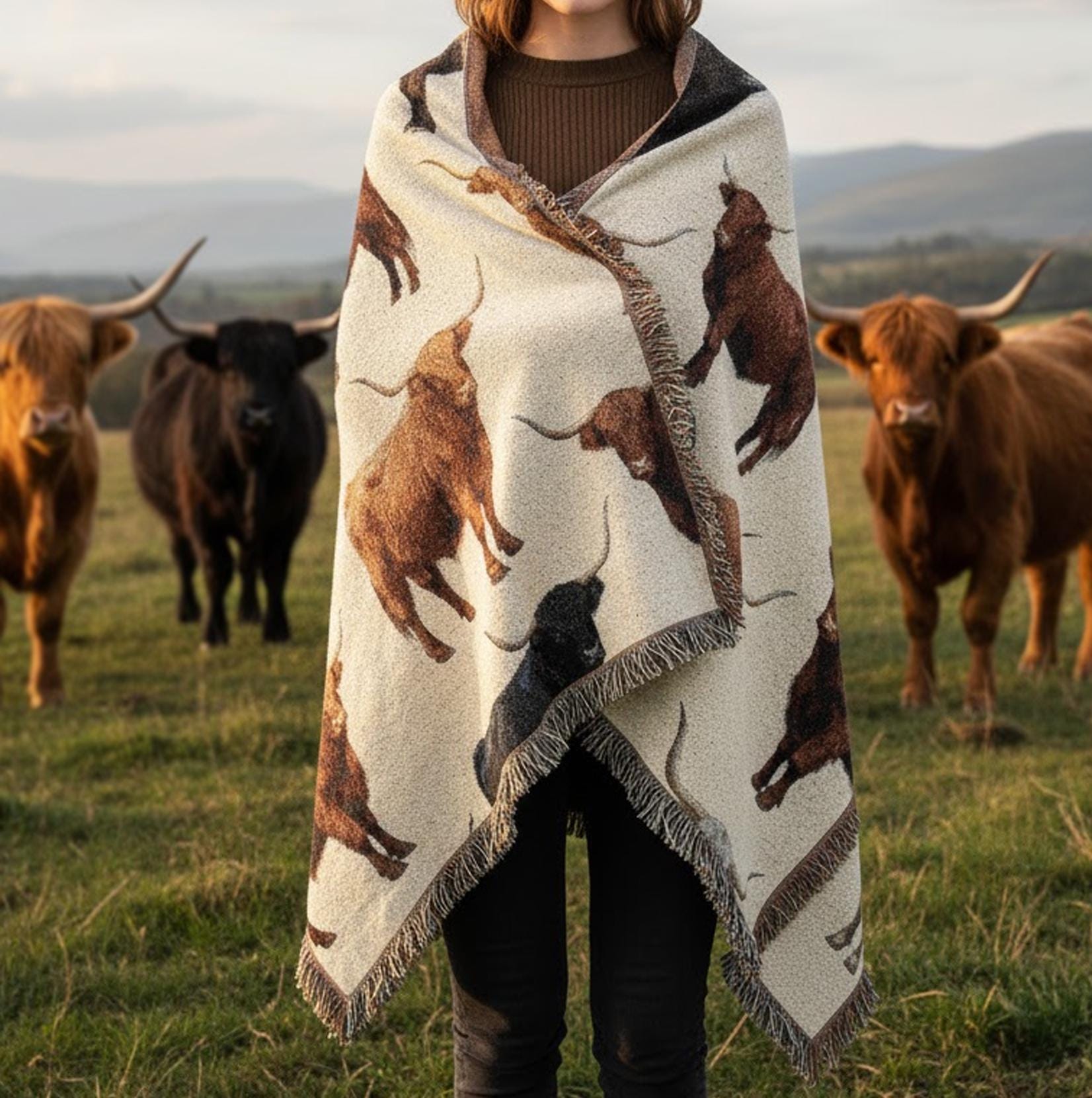Woven Weave Blanket with Highland Cow Pattern: Rustic Farmhouse Animal Design