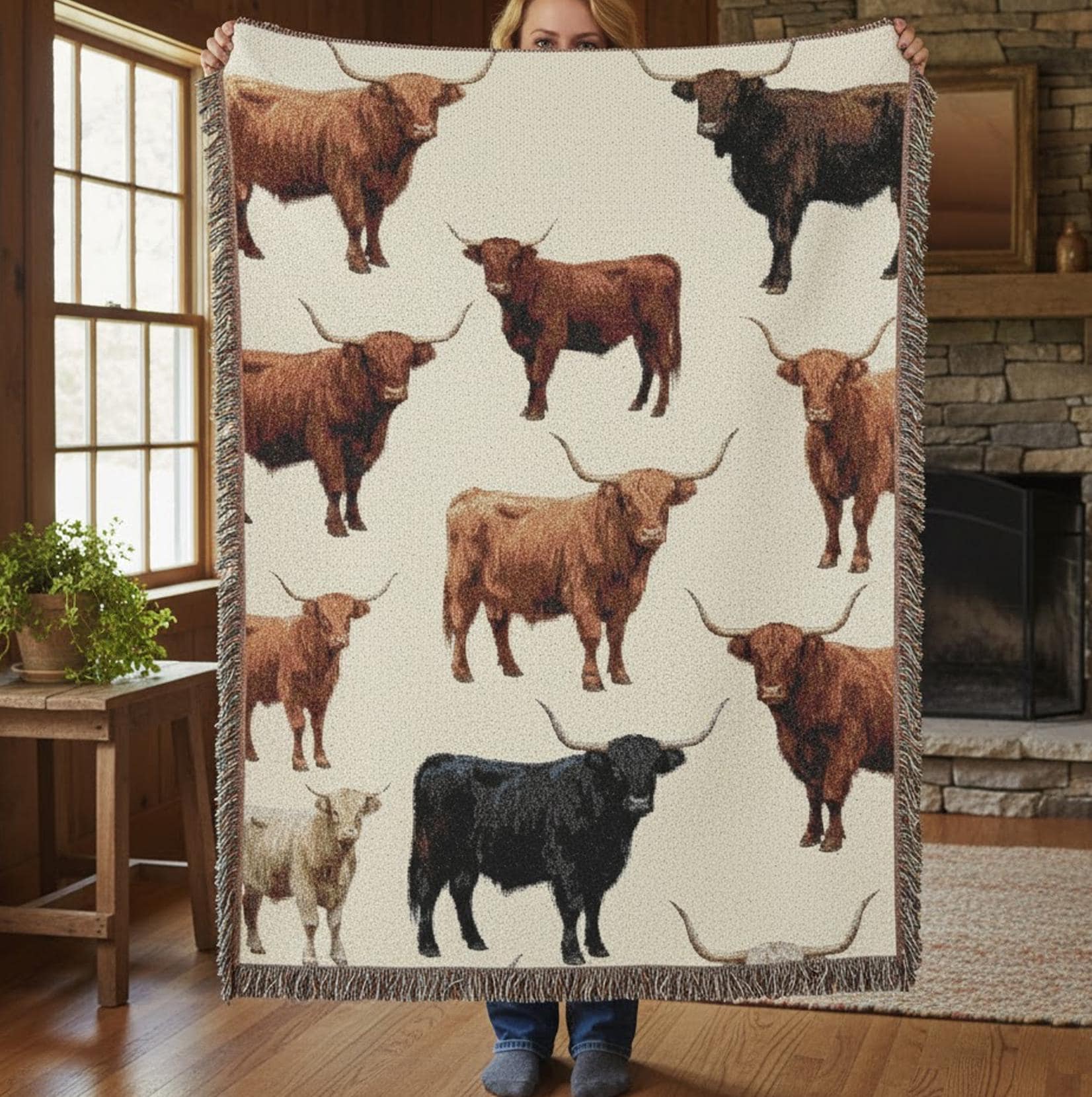 Woven Weave Blanket with Highland Cow Pattern: Rustic Farmhouse Animal Design