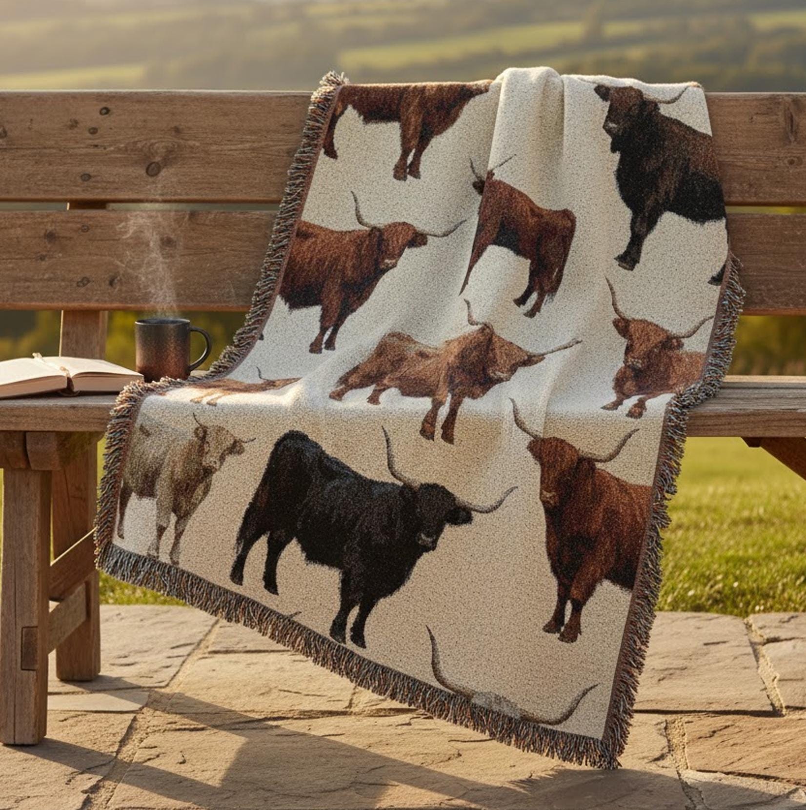 Woven Weave Blanket with Highland Cow Pattern: Rustic Farmhouse Animal Design