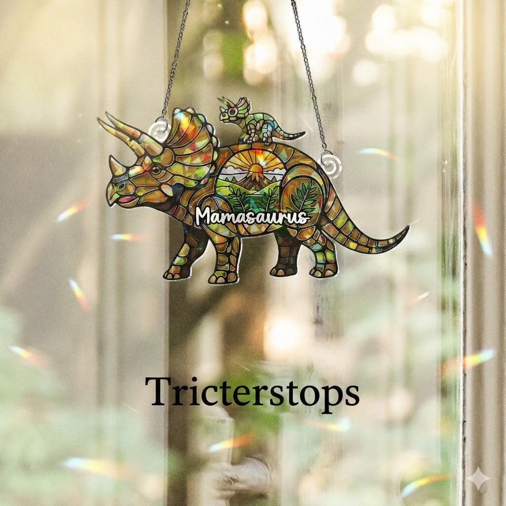 Dinosaur Mom and Baby Holographic Window Hanging, Dinosaur Acrylic Suncatcher