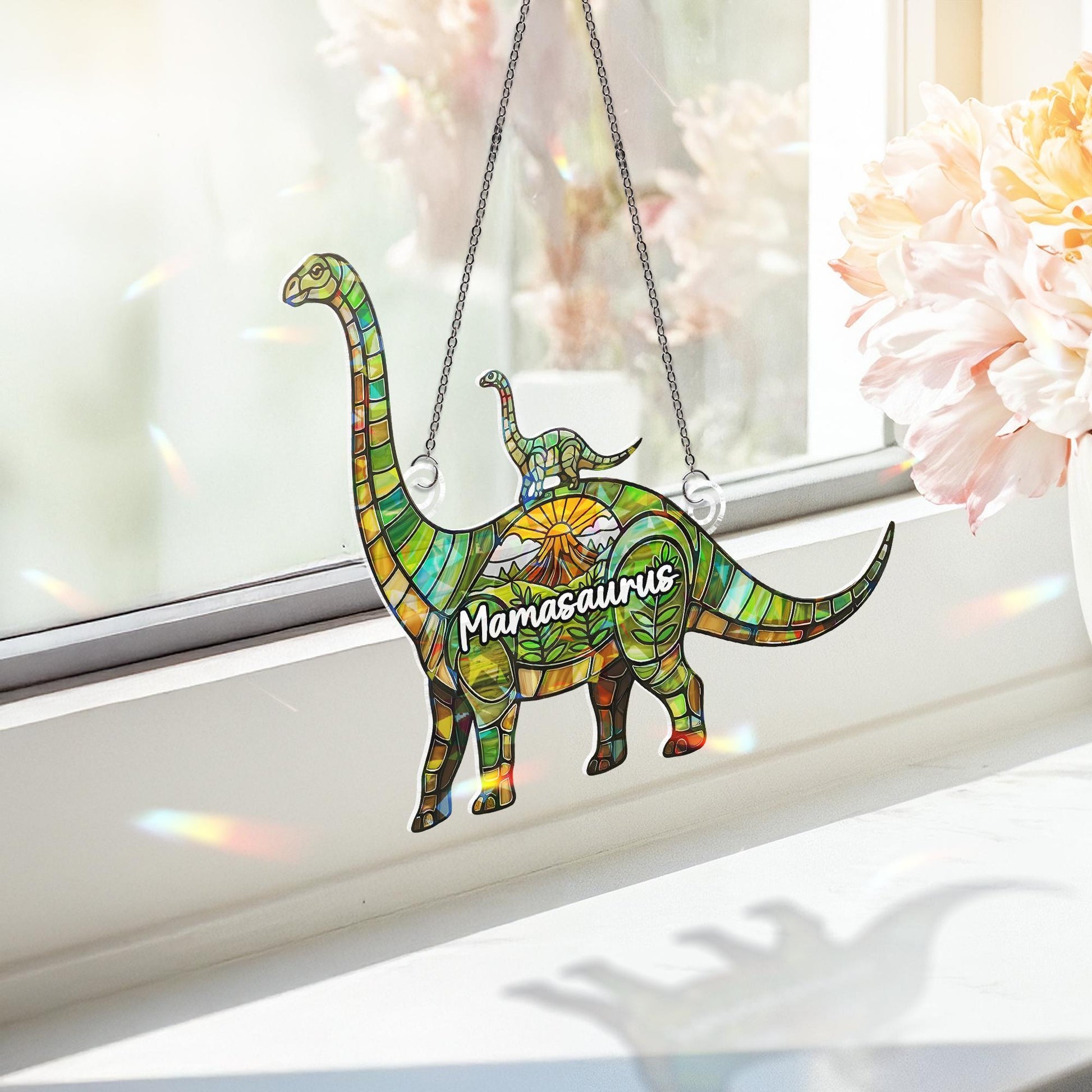 Dinosaur Mom and Baby Holographic Window Hanging, Dinosaur Acrylic Suncatcher