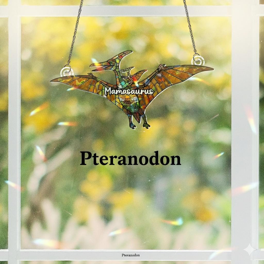 Dinosaur Mom and Baby Holographic Window Hanging, Dinosaur Acrylic Suncatcher