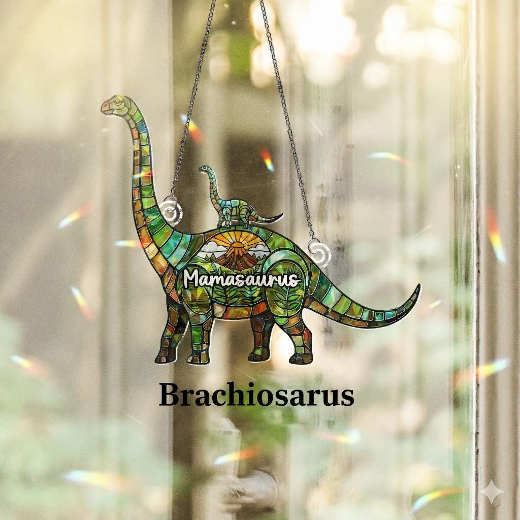 Dinosaur Mom and Baby Holographic Window Hanging, Dinosaur Acrylic Suncatcher