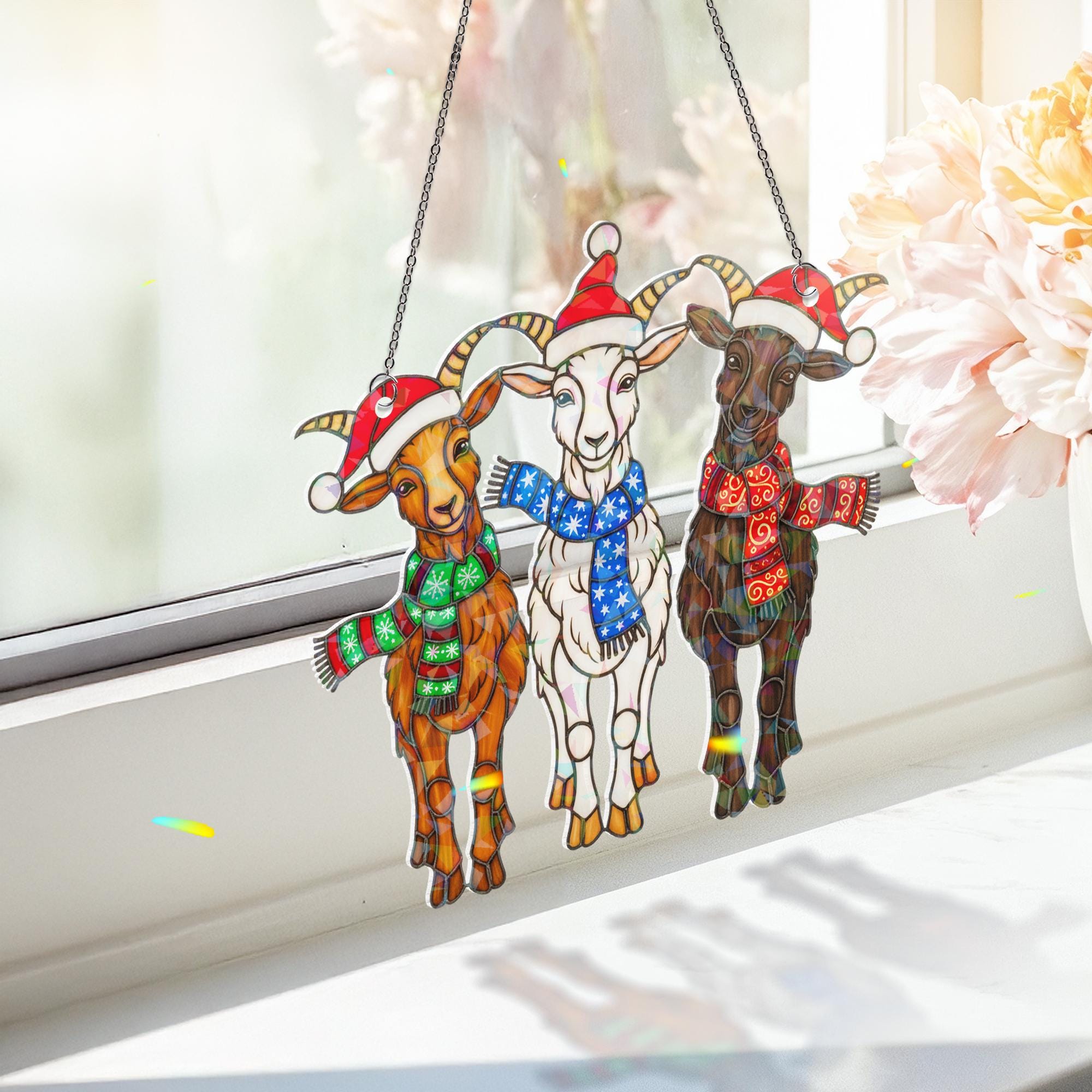 3 Goat Christmas Window Hanging • Holographic Farm Animal Decor • Funny Holiday Suncatcher Gift