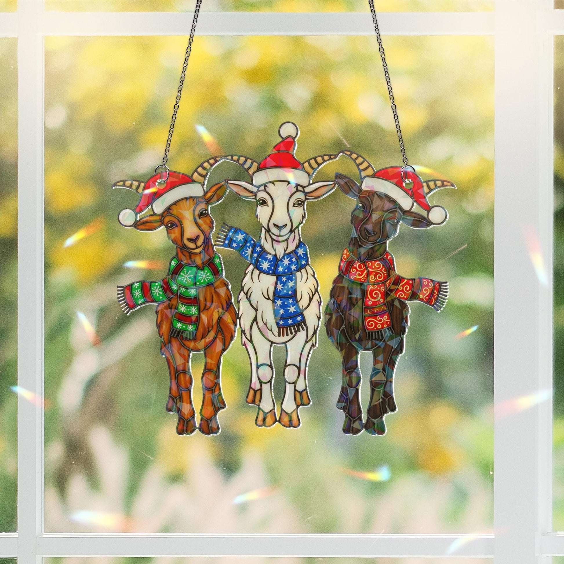 3 Goat Christmas Window Hanging • Holographic Farm Animal Decor • Funny Holiday Suncatcher Gift