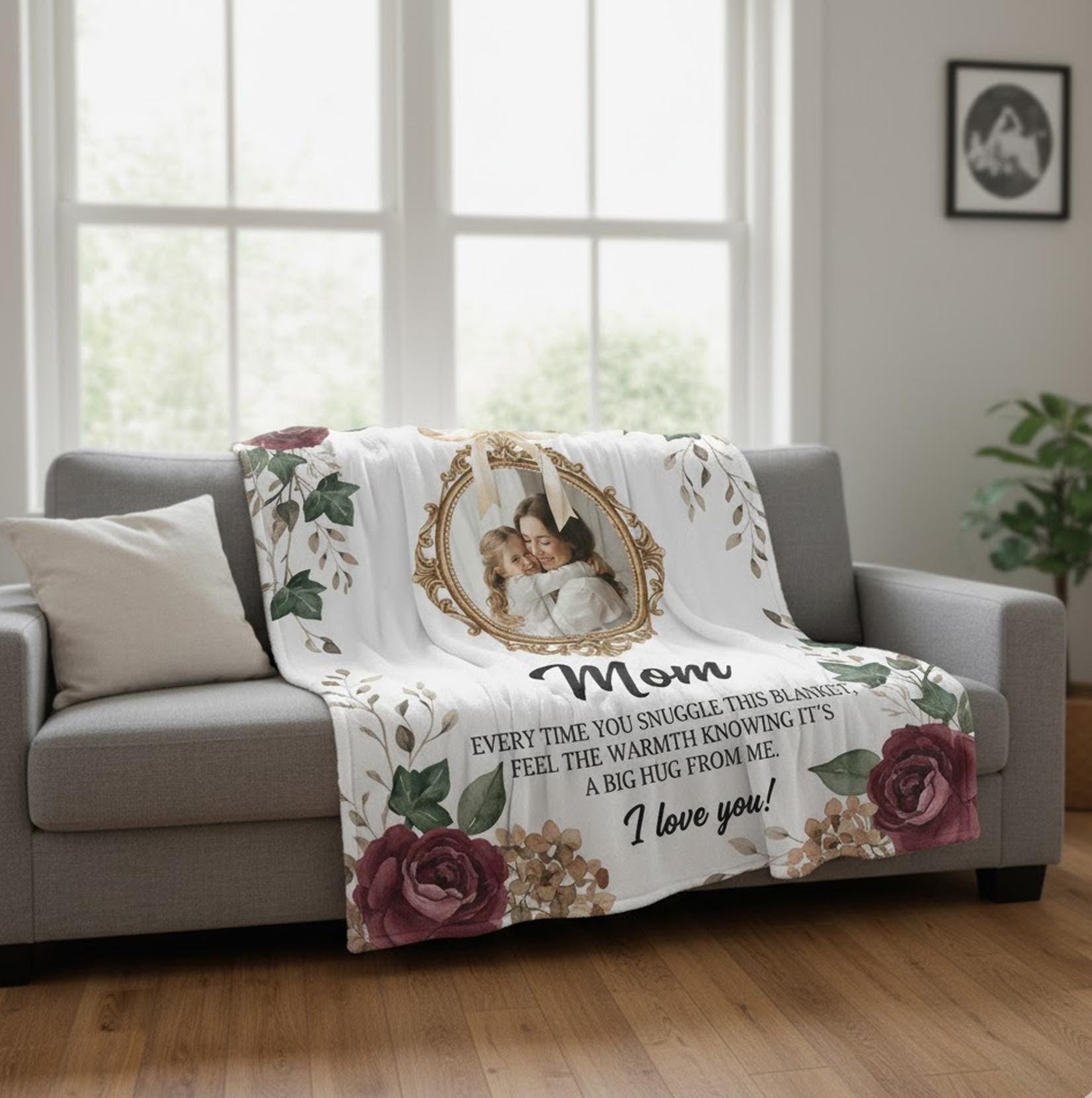 Personalized Mom & Daughter Fleece Blanket: Photo Frame Design, Floral Print, Sentimental Message