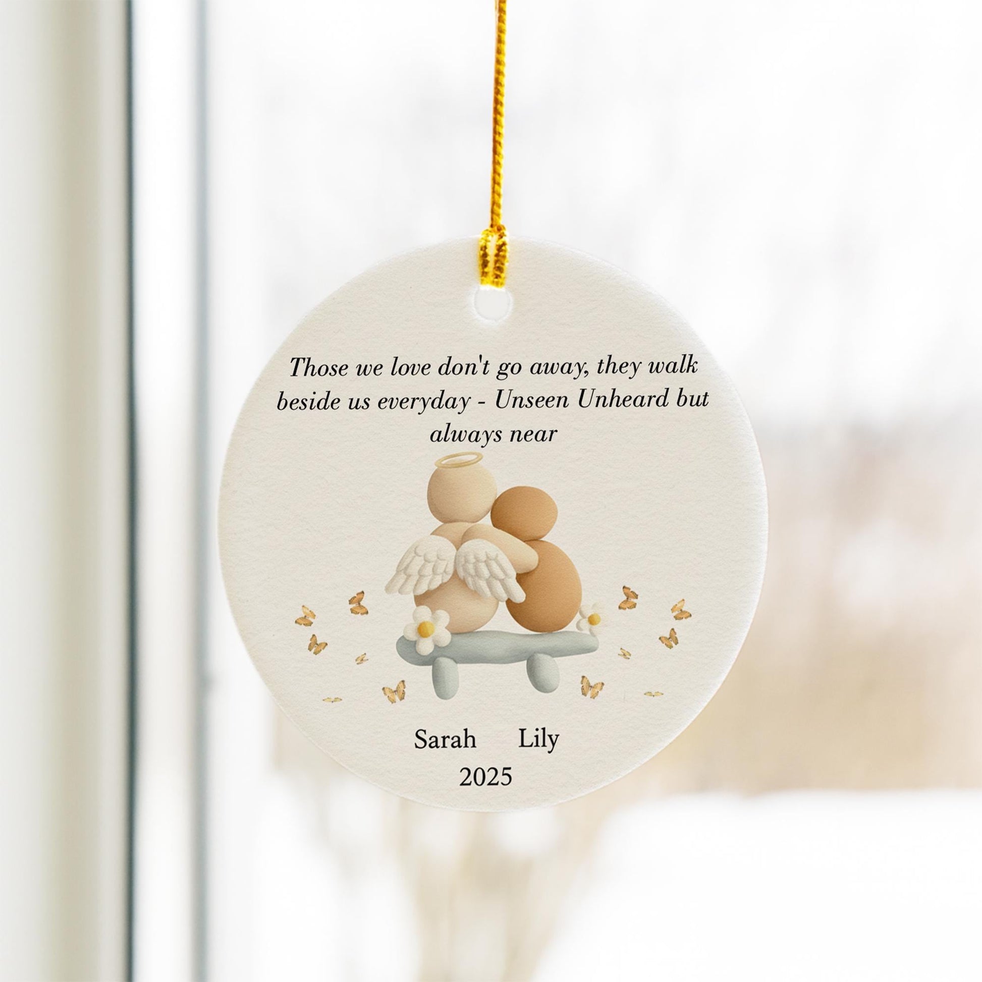 Memorial Ceramic Ornament, Personalized Names and Year, Angel Design, Round Tree Decor