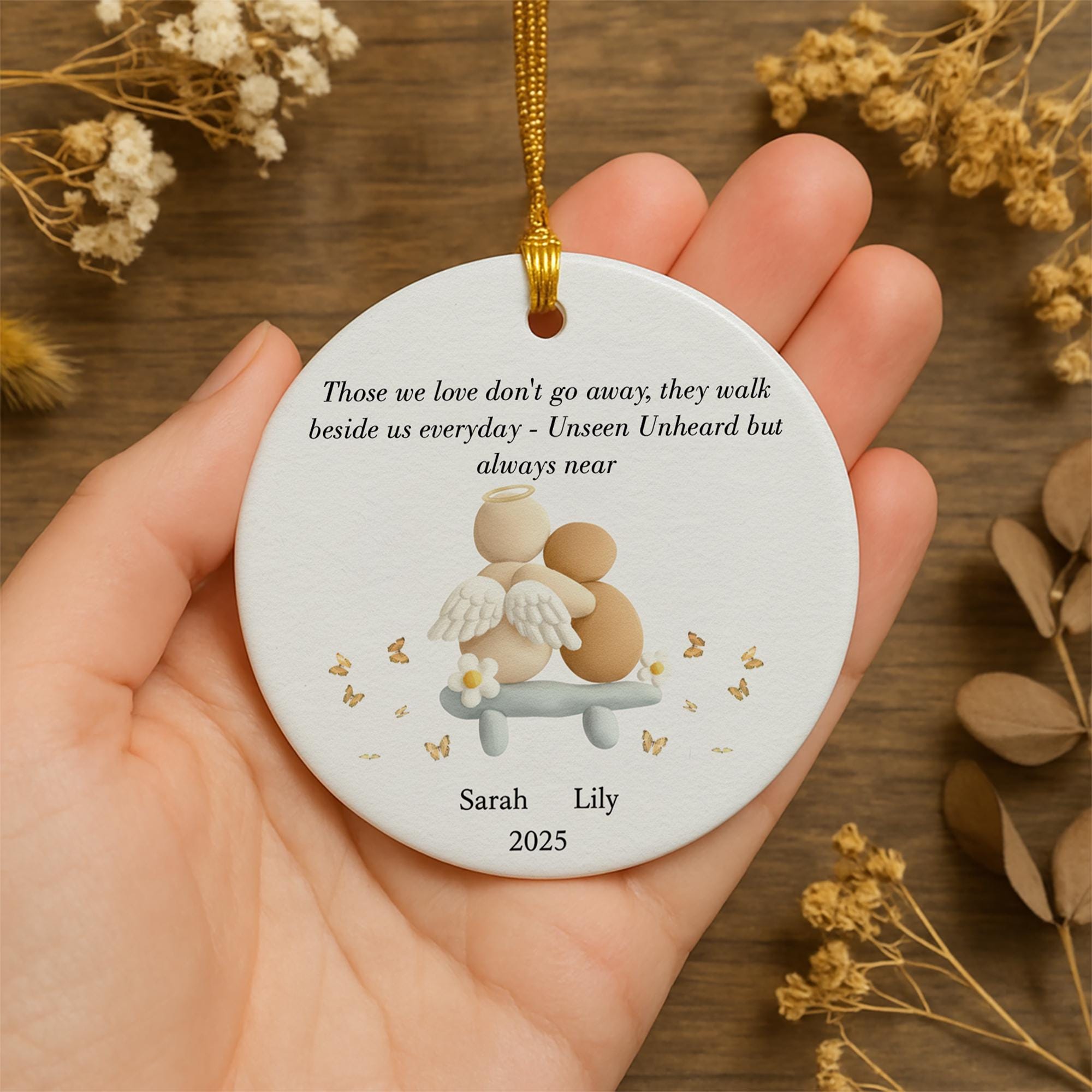 Memorial Ceramic Ornament, Personalized Names and Year, Angel Design, Round Tree Decor