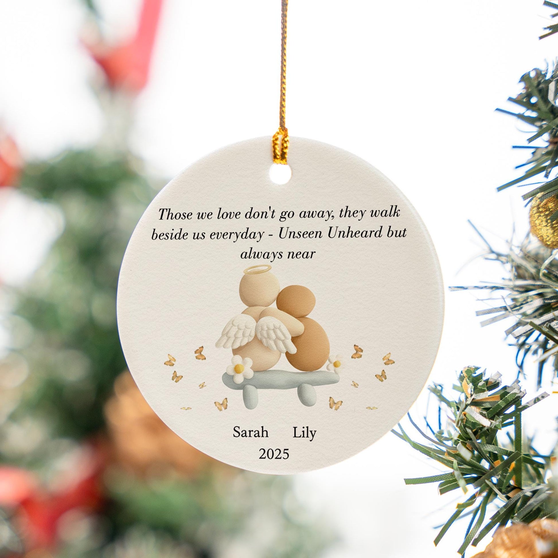 Memorial Ceramic Ornament, Personalized Names and Year, Angel Design, Round Tree Decor