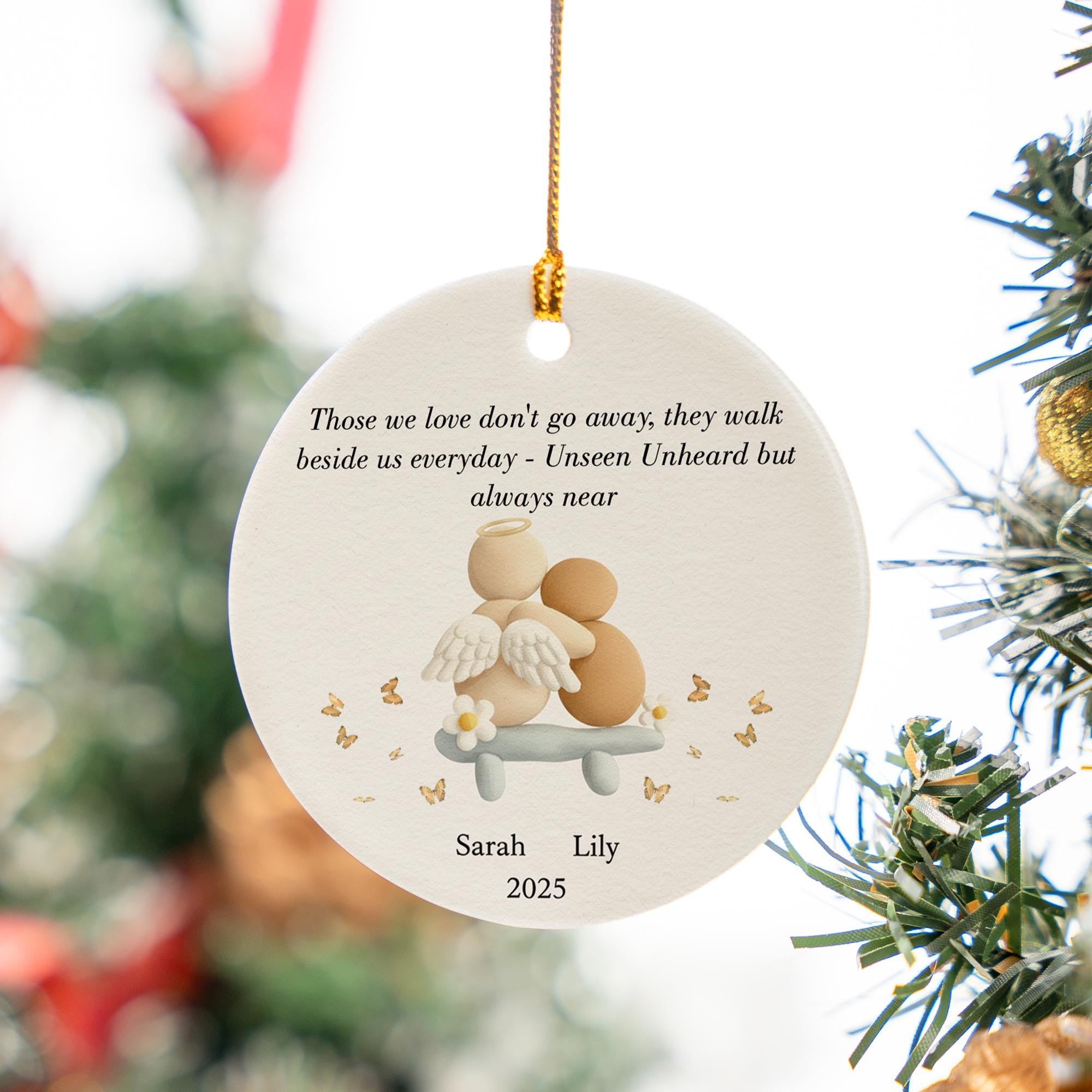 Memorial Ceramic Ornament, Personalized Names and Year, Angel Design, Round Tree Decor