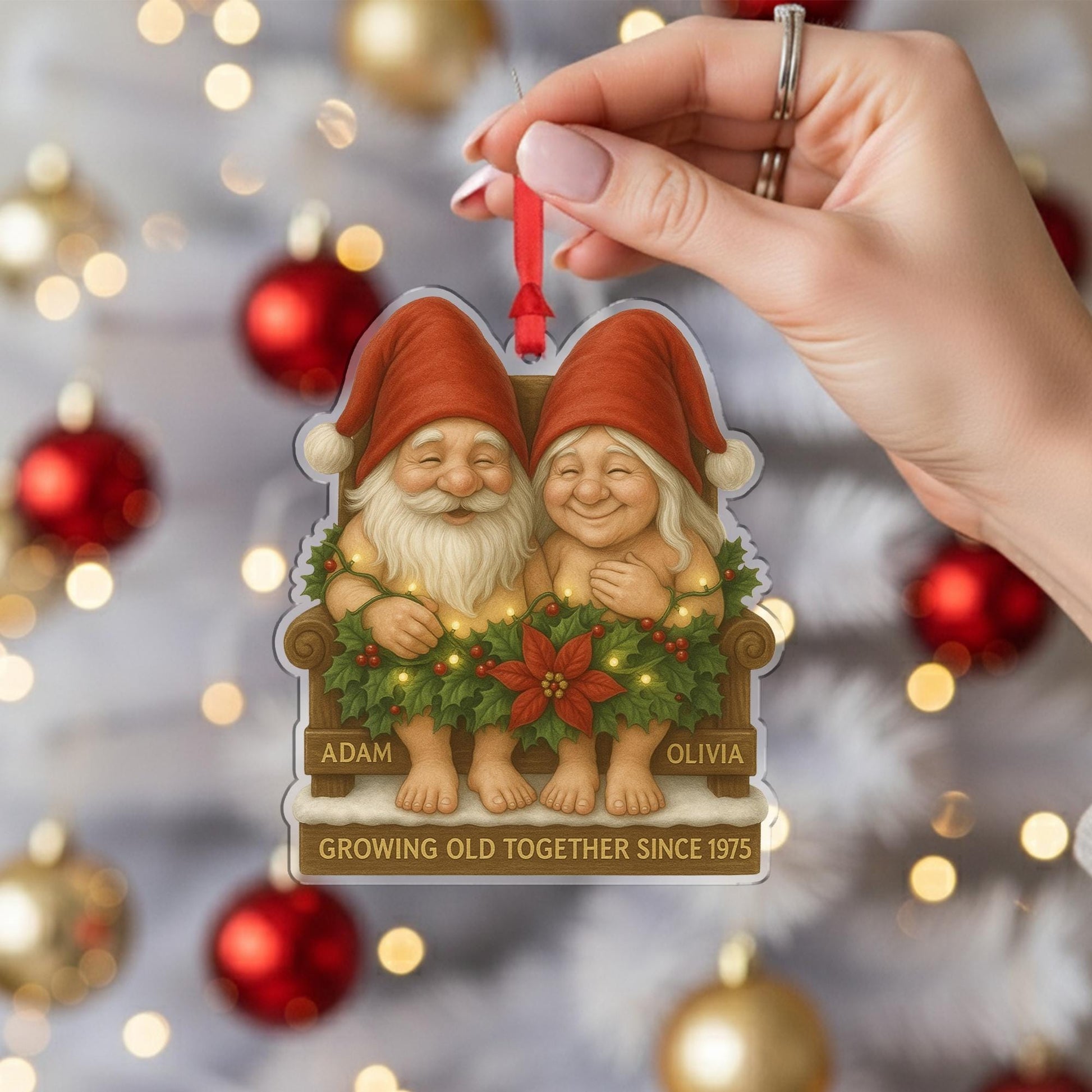 Personalized Gnome Couple Christmas Ornament • Growing Old Together Holiday Decor Gift
